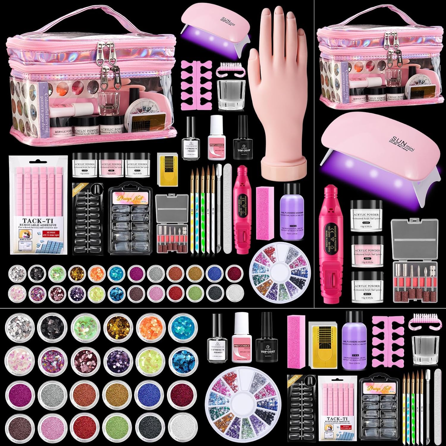 Deciniee Acrylic Nail Kit: Practice Hand Acrylic Powder Set including UV Lamp and Electric Nail Drill-False Nail Tips Manicure Full Set for Beginners Home Salon-Nail Art Decoration Tools in Pink Gift Bag