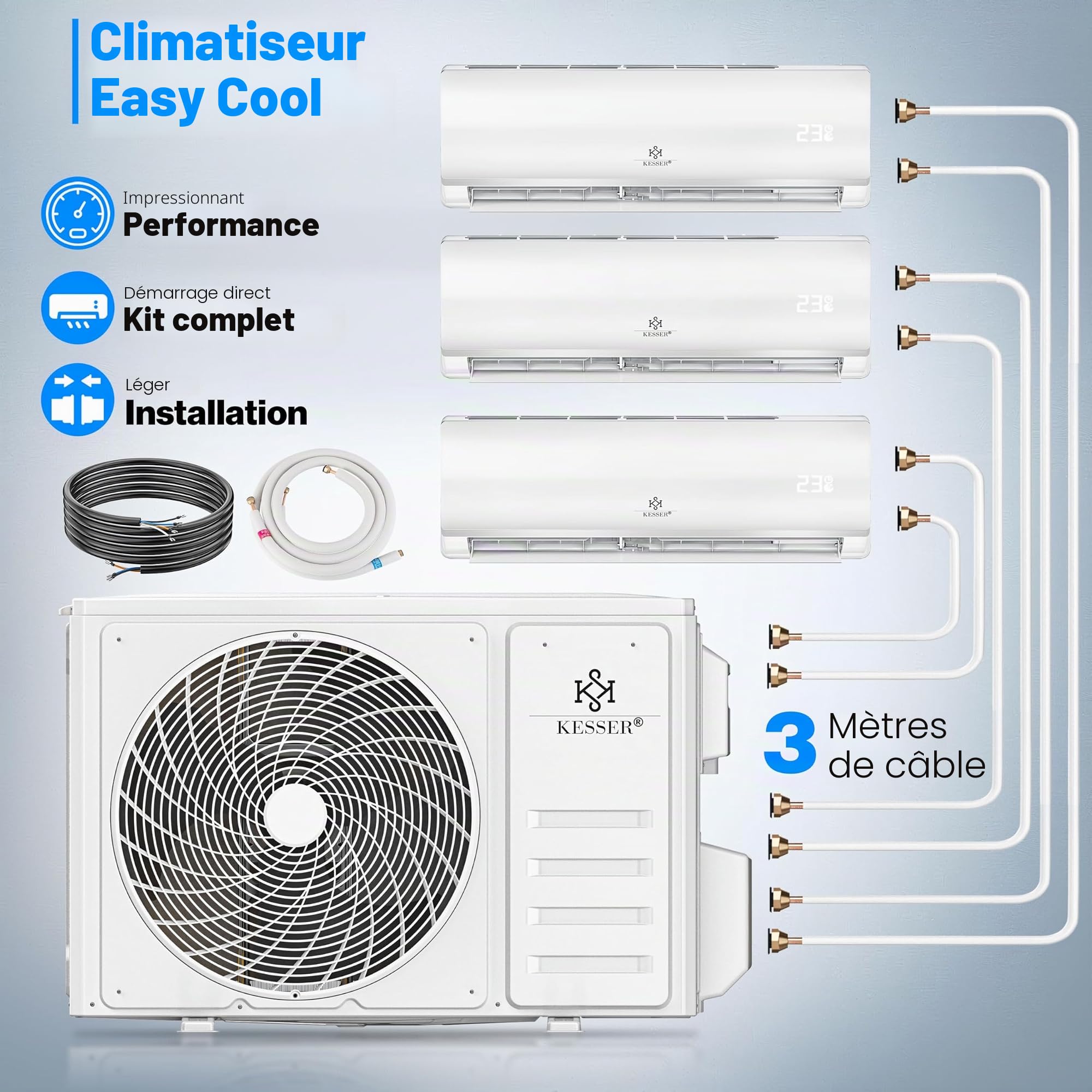 KESSER® Climatisation Multisplit 3 appareils intérieurs, 27000 BTU, Set de climatiseur Split avec WiFi/App, Chauffage & Refroidissement, Inverter, Mode Eco, Déshumidificateur & Ventilateur, très