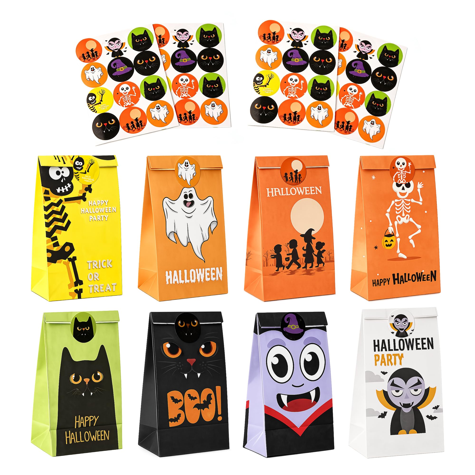 Halloween Treat Bags with Sticker for Kids 48PCS Small Halloween Trick or Treat Party Paper Goody Candy Sweet Bags,8Design 18ร10ร6cm Size Paper Bags for Party Favours