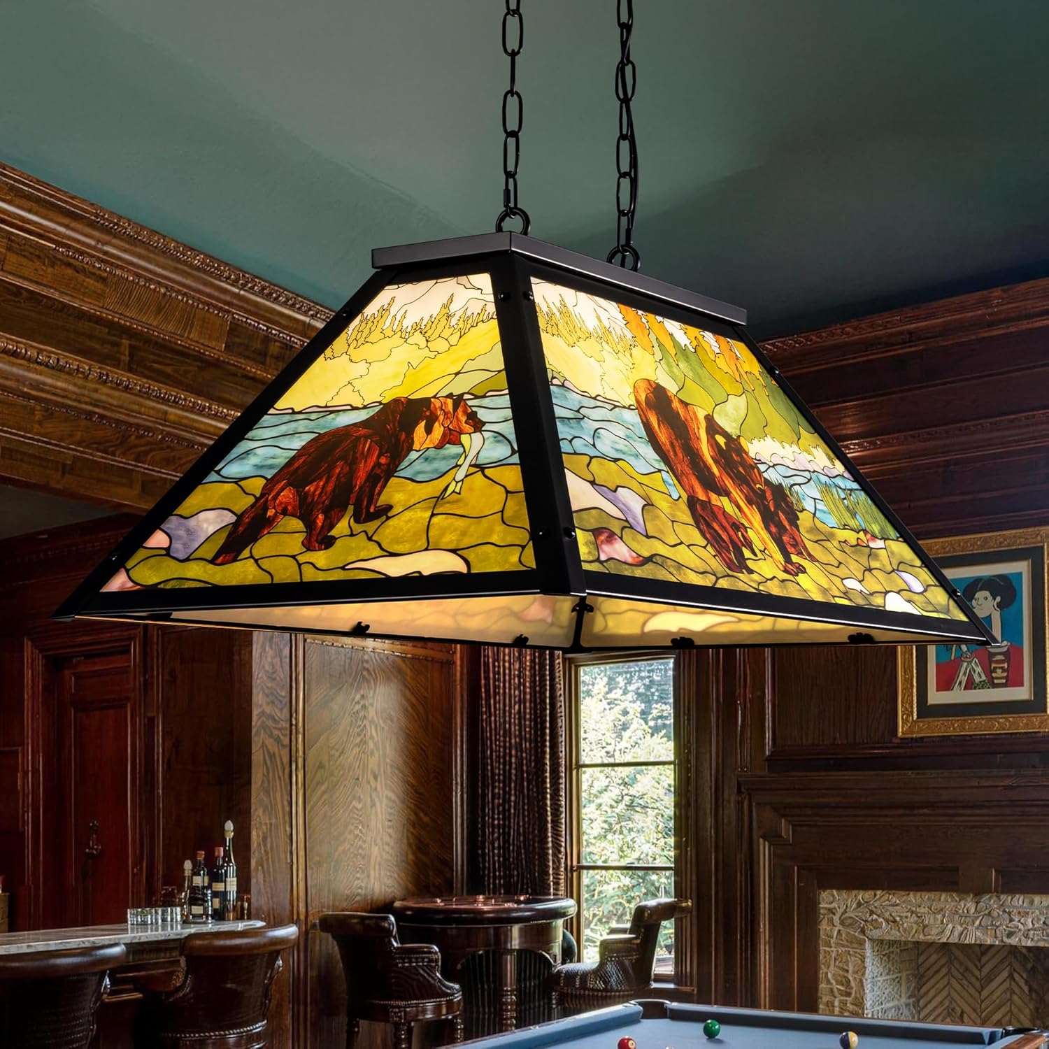 Wellmet Tiffany Pool Table Light, Billiards Chandelier Pendant Light, 3-Lights Rustic Pendant Light, for Kitchen Island, Snooker Table, Party Men's Cave, Game Room