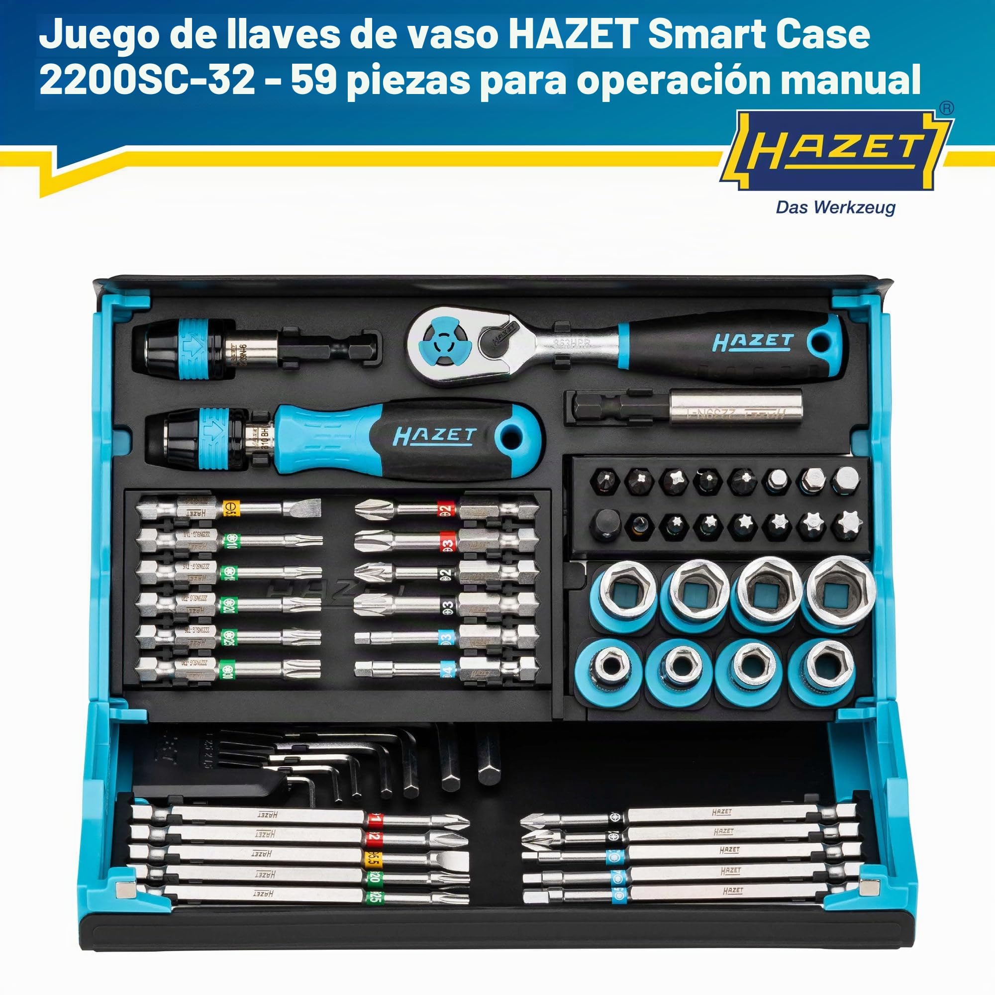 HAZET Juego de puntas Smartcase 2200SC-32 I Juego de 59 piezas, accionamiento: hexagonal 6,3 (1/4 pulgada), muchas herramientas en el mínimo espacio para una mejor visión de conjunto