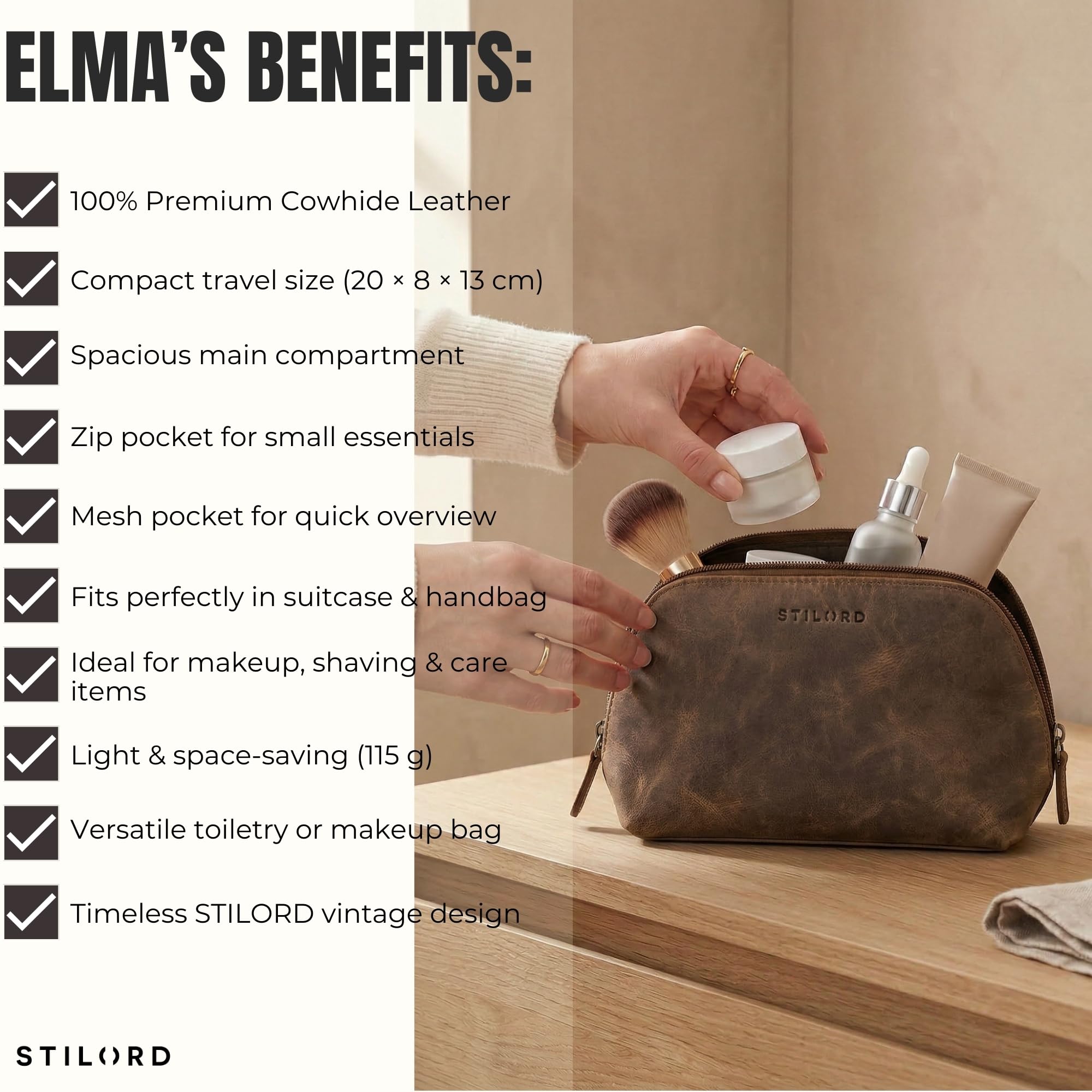 STILORD "Elma" Kosmetyczka Damska Skórzana Torba Toaletowa Męska | Premium Mała Kosmetyczka ze Skóry Naturalnej Podróżna Beauty Case na Podróż i Codzienne Użytkowanie Kolor:średni brąz