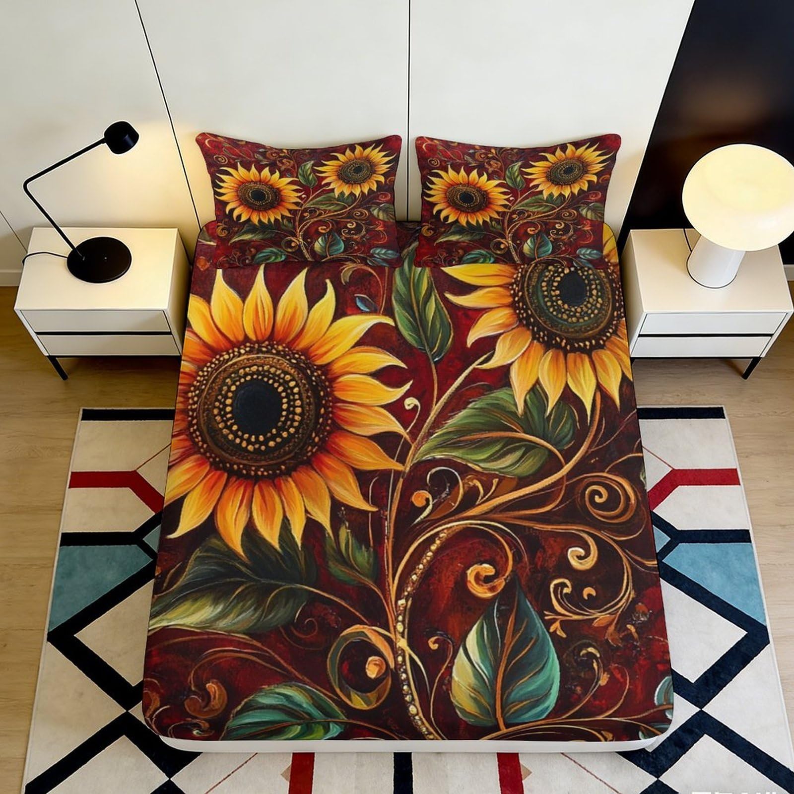 3D Printed Sunflower Design Microfiber Fitted Sheet Deep Pocket Non-Slip Bedroom Sunflower Mattress Fitted Cover Washable 160x200x25cm