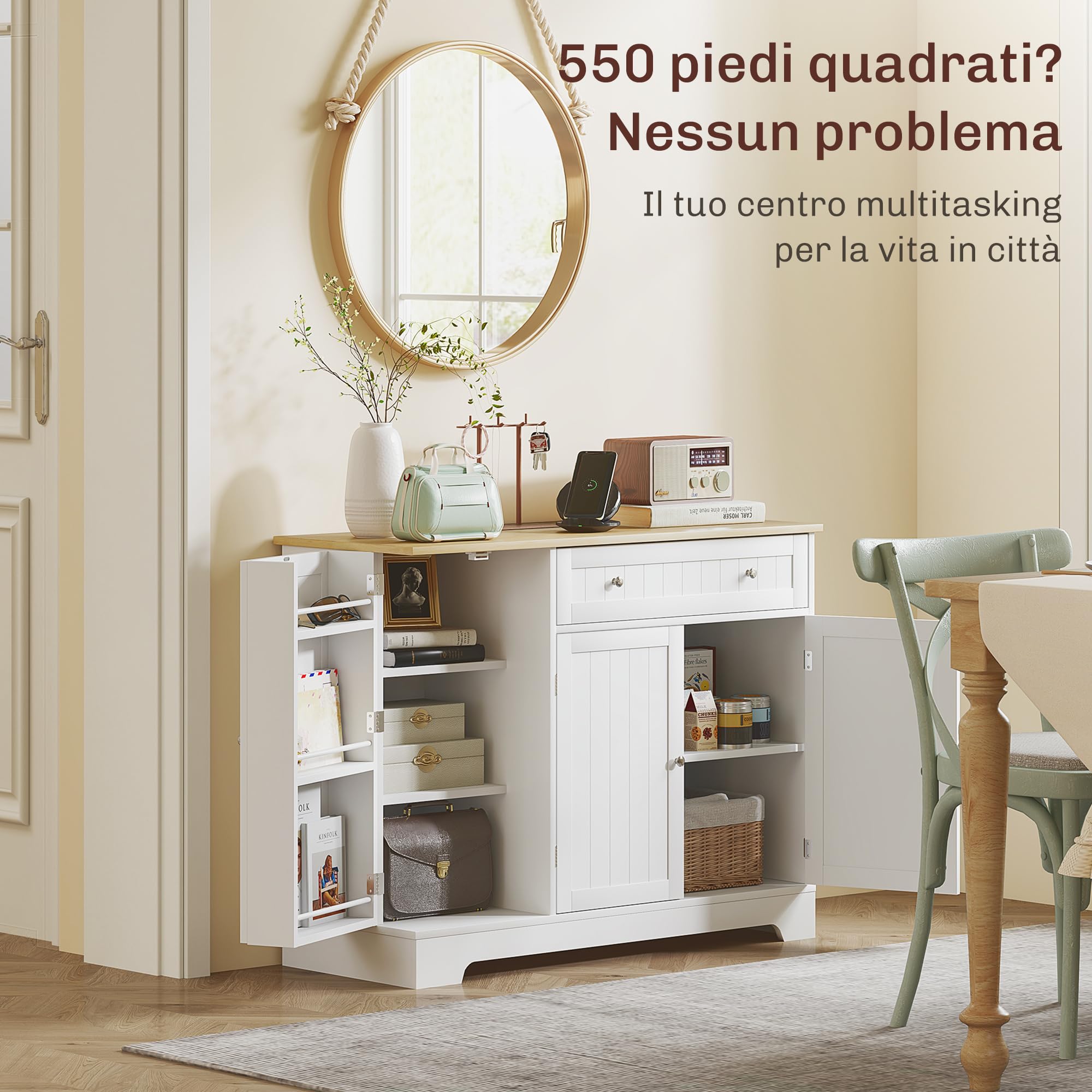 HOMCOM Credenza Cucina con Armadietti, Cassetto, Mobile Cucina con Ripiani Regolabili, Credenza Buffet per Sala da Pranzo, Soggiorno, Stile Moderno, 105x40x83 cm, Bianco