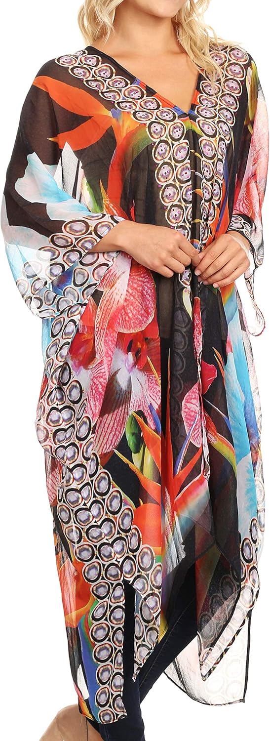 Sakkas Livi Women's V Neck Beach Dress Cover up Caftan Top Loose with Rhinestone