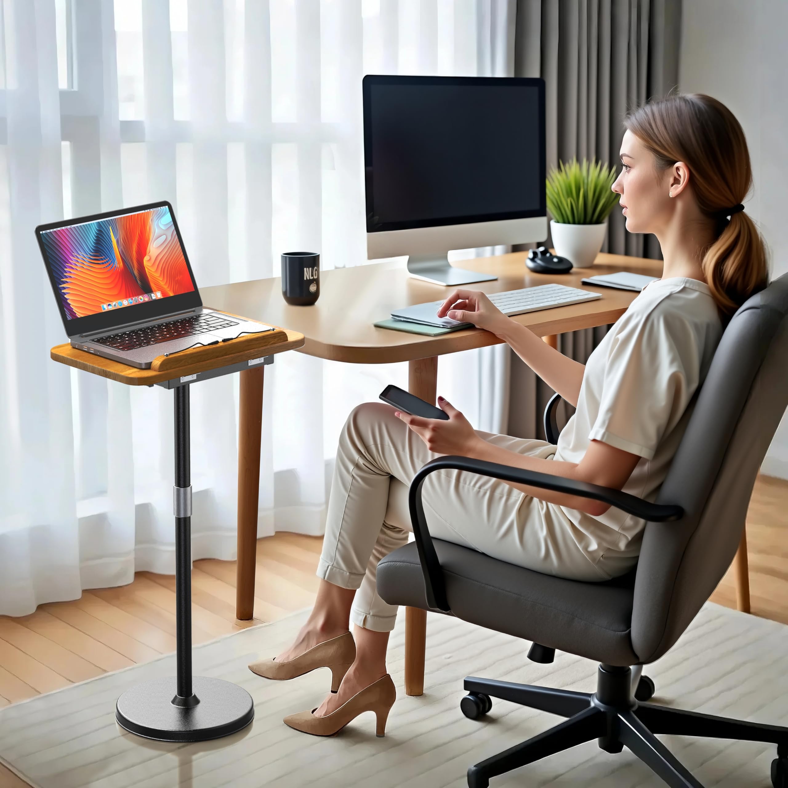 NAMON Support au sol 2 en 1 pour ordinateur portable - Hauteur réglable de 41,9 cm à 129,5 cm - Petite table en bois pour ordinateur portable - Parfait pour la maison, le bureau, la salle de réunion