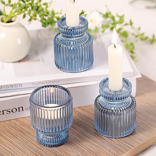 Miniatura 5 de DARJEN 6 portavelas de vidrio azul con rayas verticales, forma irregular, doble uso para velas cónicas y velas votivasde té, portavelas para mesa de