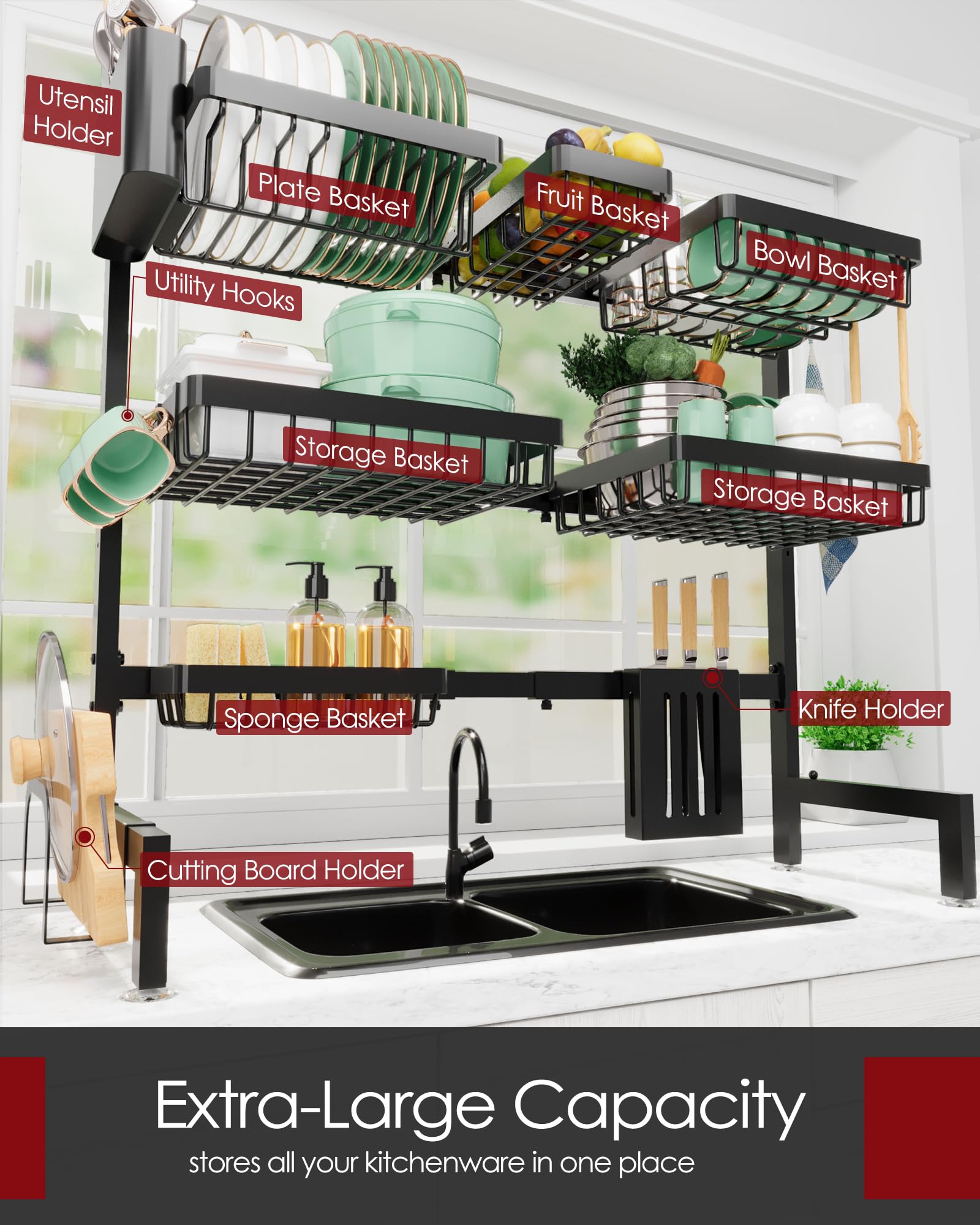 Sakugi Dish Drying Rack - Over The Sink Dish Drainer Drying Rack with Utensil & Knife Holder, Hooks, Stainless Steel Kitchen Organizers and Storage Solution, 11.8