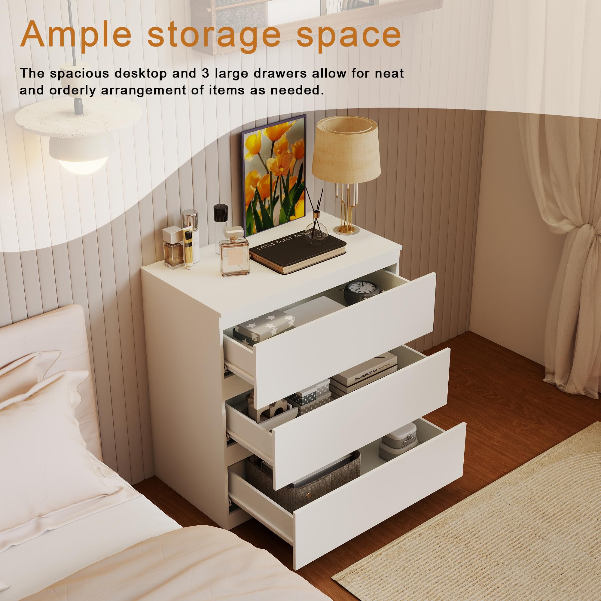 Kommode weiß mit 3 Schubladen, 70 cm Breite Schubladenschrank & Sideboard, Stauraum Kommodenschrank für Schlafzimmer, Wohnzimmer, Büro und Eingang, 70x40x75 cm (LxBxH)