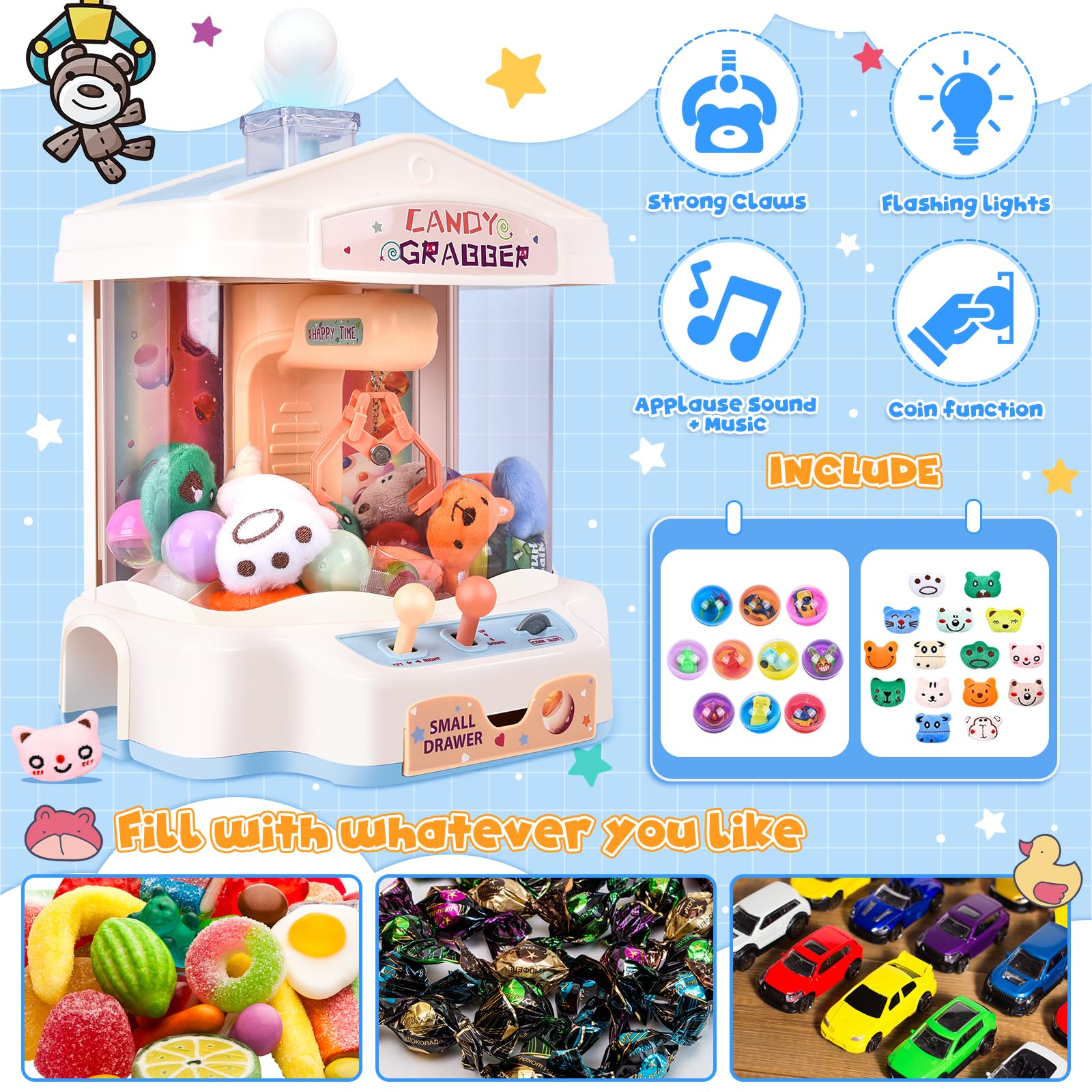 JONRRYIN Macchina ad Artiglio per Bambini, Grabber Caramelle Machine per Bambini con Musica, Macchina Giocattolo Artiglio con 15 Bambole, 20 Valuta di Gioco per Ragazzi e Ragazze