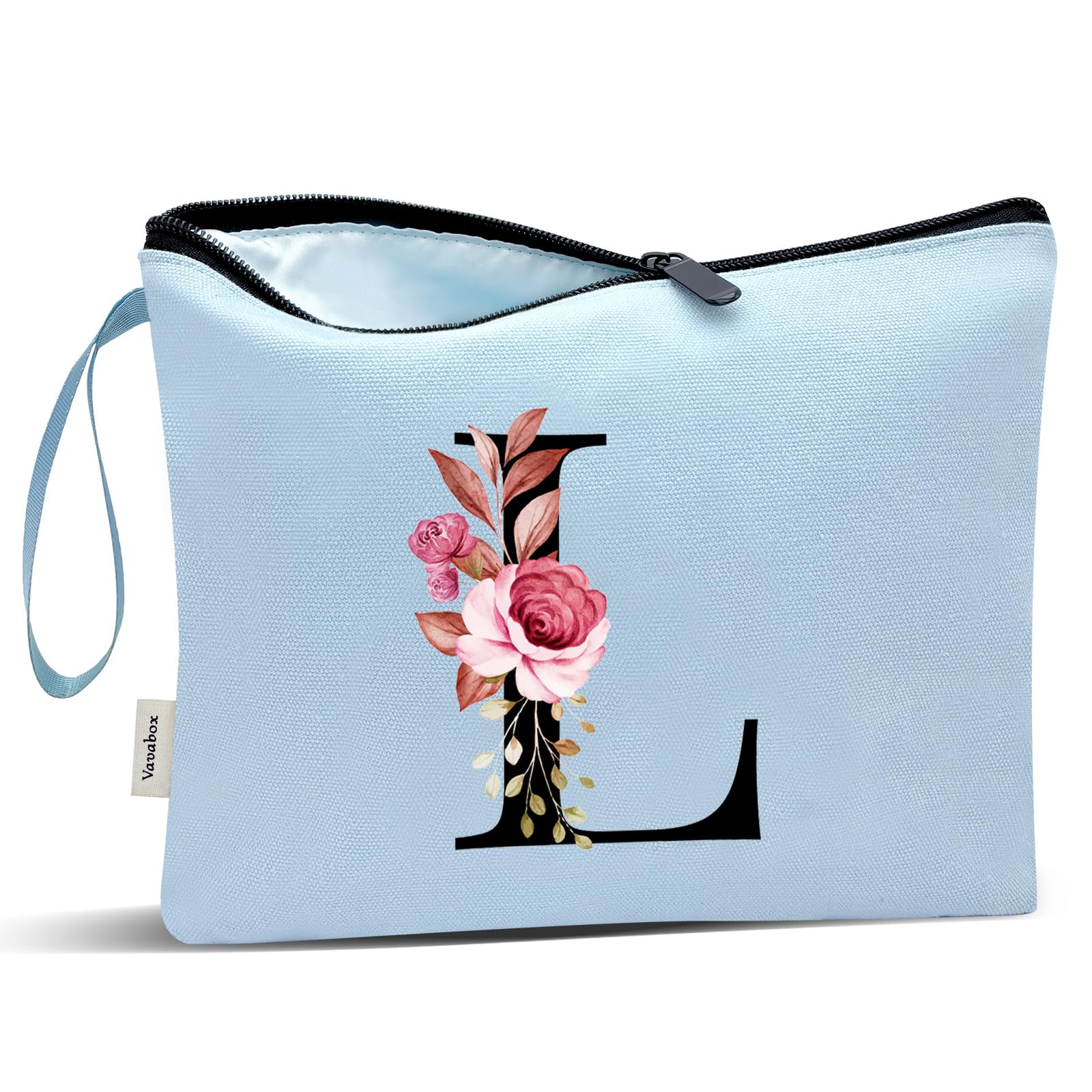 Vavabox A-Z Personalized Makeup Bag, Birthday Gifts for Women Mom, Gifts for Best Friend, Bride Bridesmaid Cosmetic bag (L, Blue)
