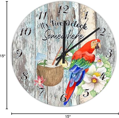 Miniatura 9 de Reloj de pared de loro de 15 pulgadas, con movimiento de cuarzo, decoración Tiki para patio exterior, reloj de pared de madera moderno, reloj