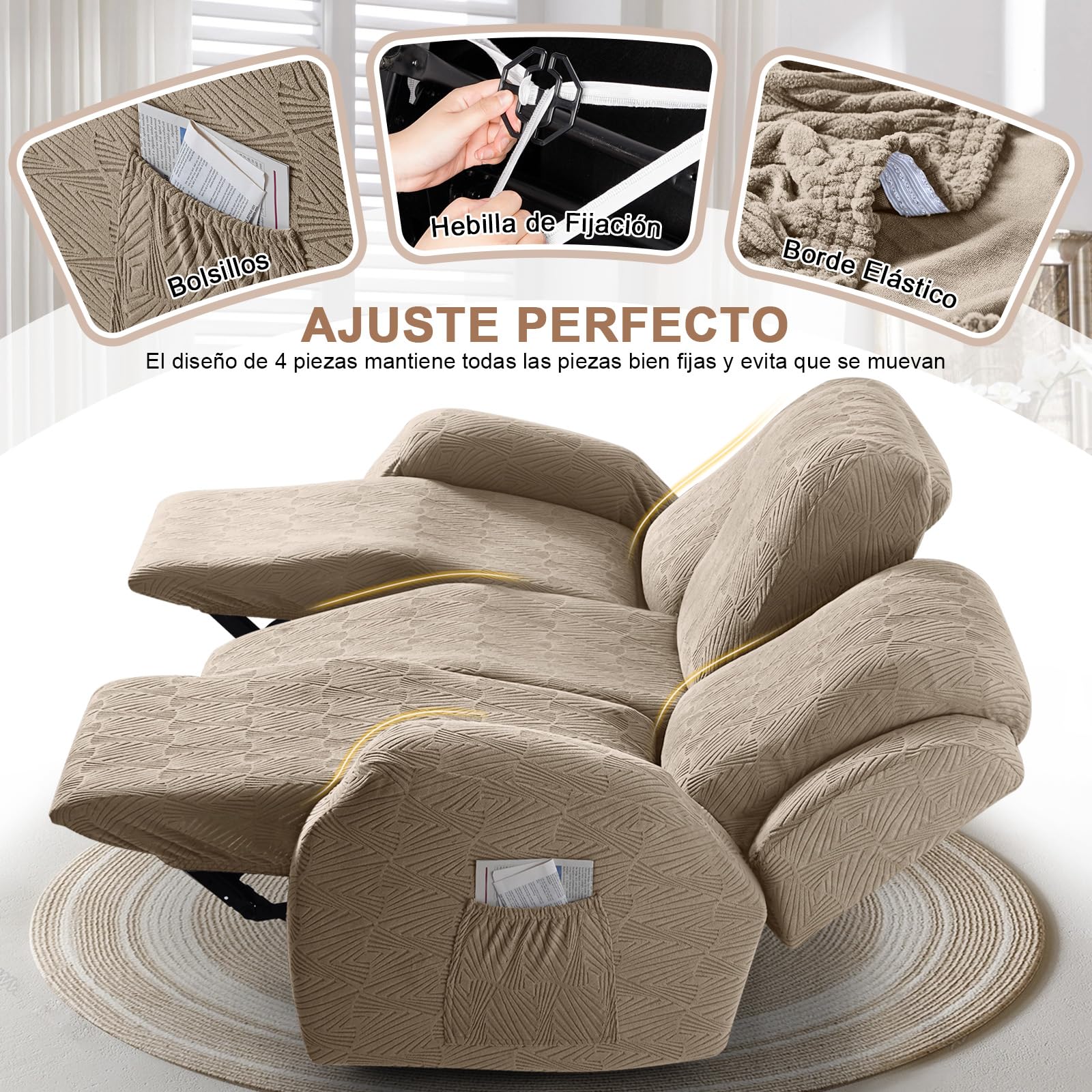TAOCOCO Funda Sillon Relax Reclinable Elástica, Funda Jacquard para Sillón con Bolsillos, Funda de Sofá Resistente a Manchas y arañazos, Adecuada para Gatos, Perros y niños(3 Plazas, Caqui)