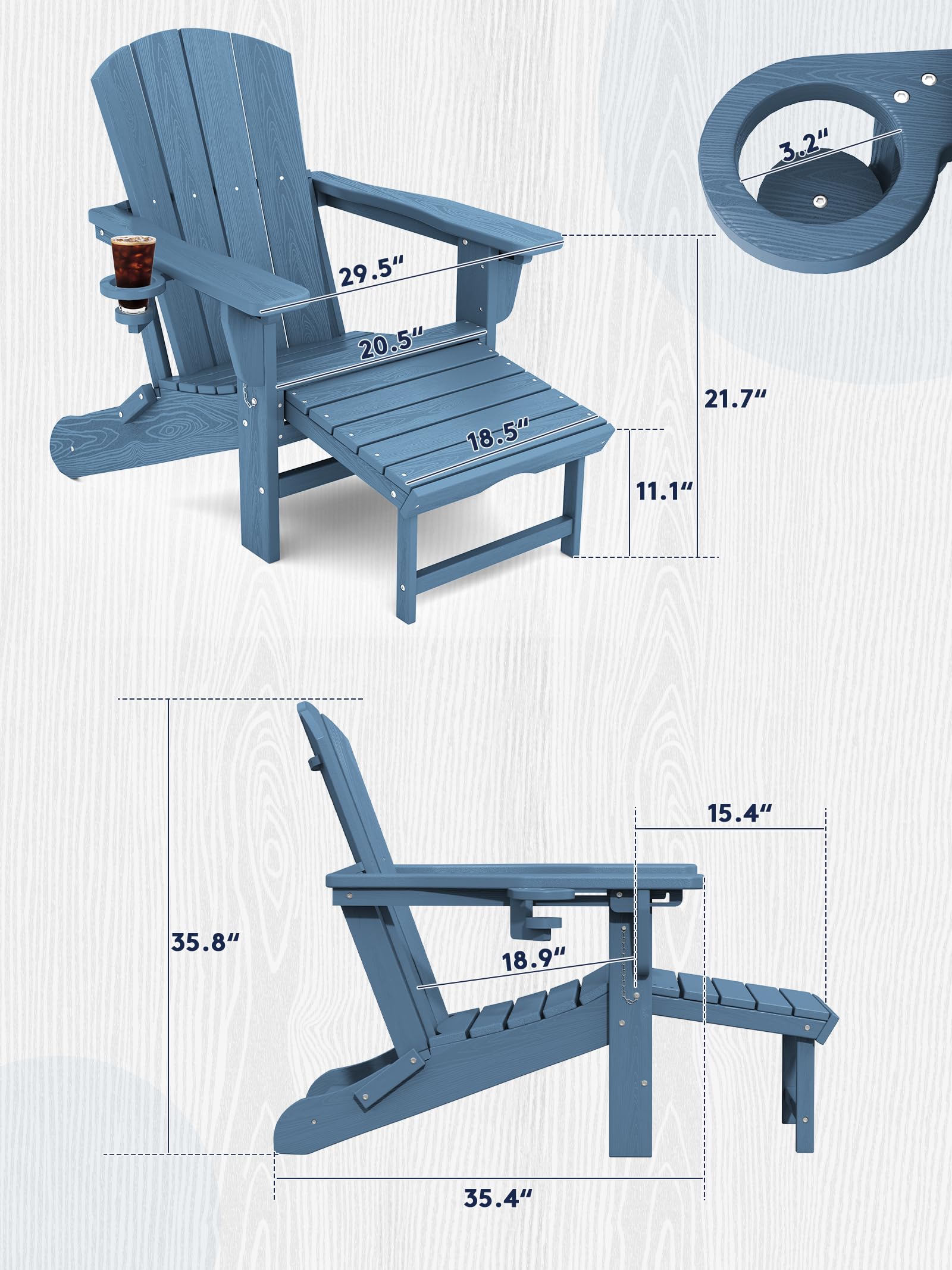 KINGYES Folding Adjustable Adirondack Chair with Ottoman, HDPE Weather Resistance Oversized Adirondack Chair with Cup Holder, Wood-Like Reclining Versatile Adirondack Chair, Blue