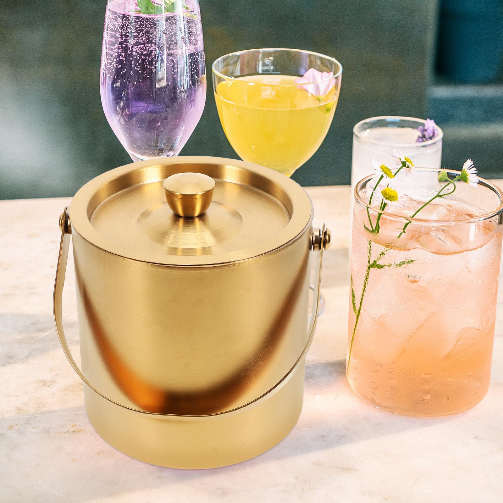 jojofuny Eiswürfelbehälter mit Doppelwandiger Isolierung Edelstahl 1,6 L und Metalleimer und Deckel Multifunktionaler Weinkühler zum Kühlen von Cocktails für Riegel und Club
