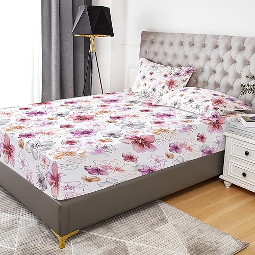 Miniatura 7 de YIYEA Sábana bajera ajustable floral con funda de almohada, de microfibra de doble cepillado de alta calidad, tamaño matrimonial, sábana bajera