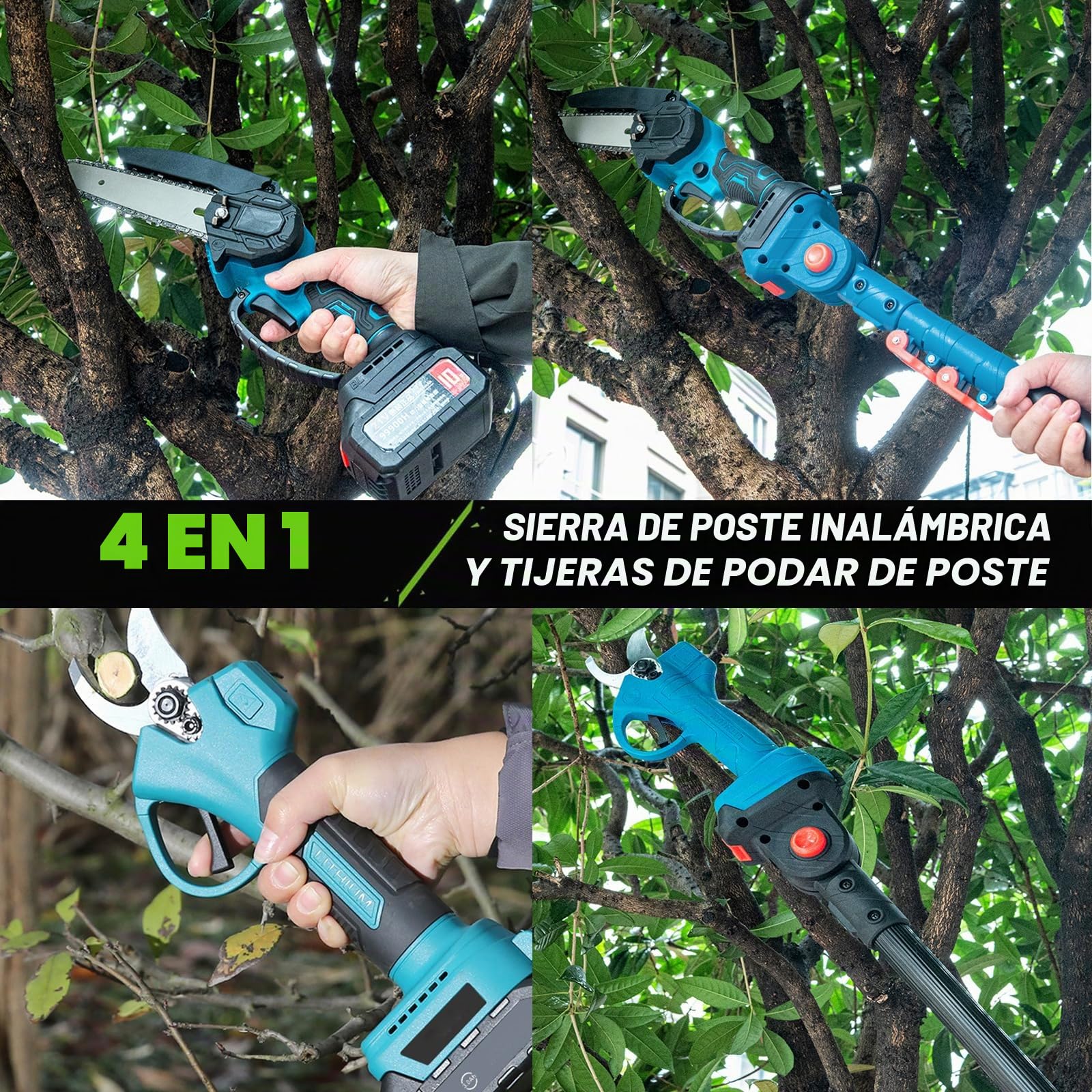 Tijeras de Podar Electricas Inalámbricas y Motosierra Electricas con Asta Telescópica de 128 a 248 cm, 4 en 1 podadora de altura con 2 baterías de 4,0 Ah (Con barra extraíble)