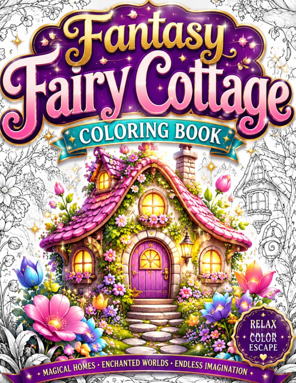 Fantasy Fairy Cottage Coloring Book: 50 Magical Fairy Houses, Enchanted Cottages, Cozy Fantasy Homes, Whimsical Gardens and Storybook Villages for Stress Relief, Relaxation and Creative Escape