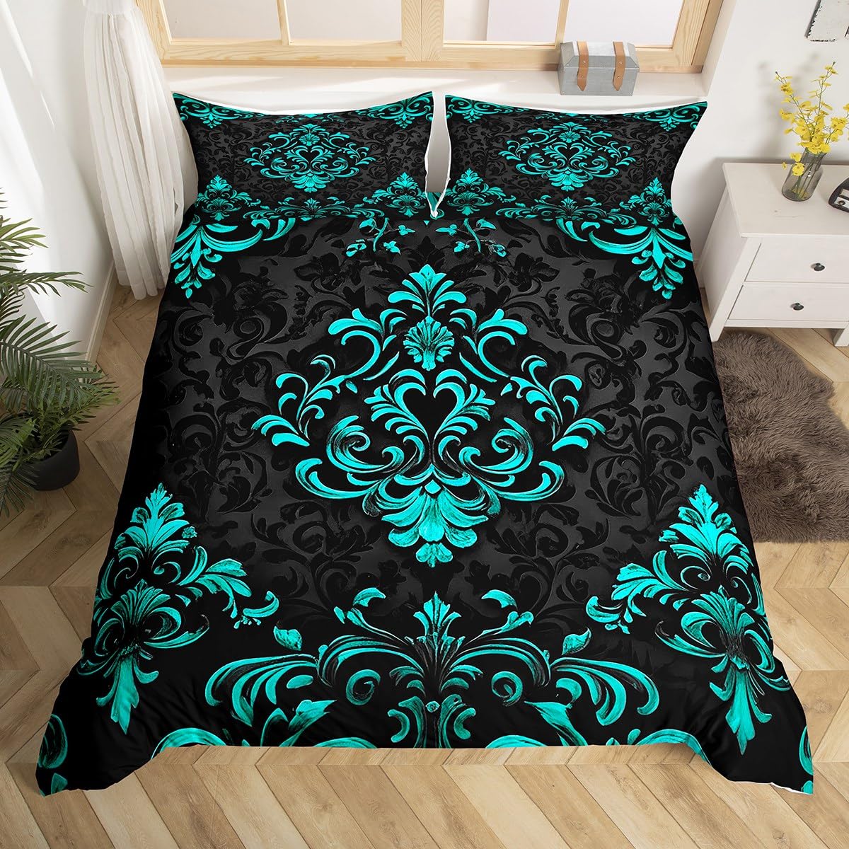 Homewish Damast Bettwäscheset 135x200 Schwarz Blaugrün Boho Bettbezug Vintage Exotic Gothic Bettwäsche für Kinder Jungen Männer Erwachsene,Viktorianische Barock Blumen Moderne Zimmerdekor Mikrofaser