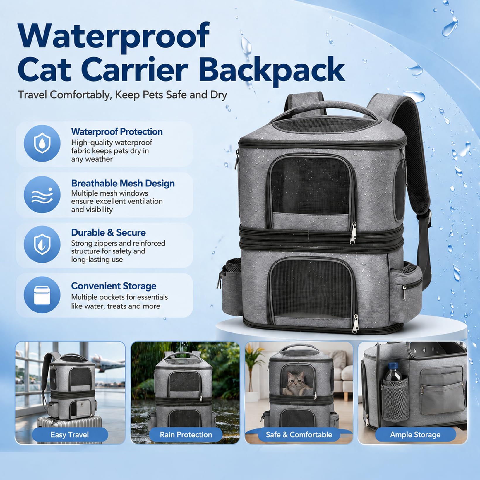 Haustierrucksack, 2 Etagen, abnehmbar, für Katzen und Hunde