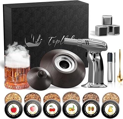 Kit de ahumador de cóctel con antorcha y vaso de whisky, chips de madera de 6 sabores y 3 piedras de whisky para whisky y bourbon, regalo para