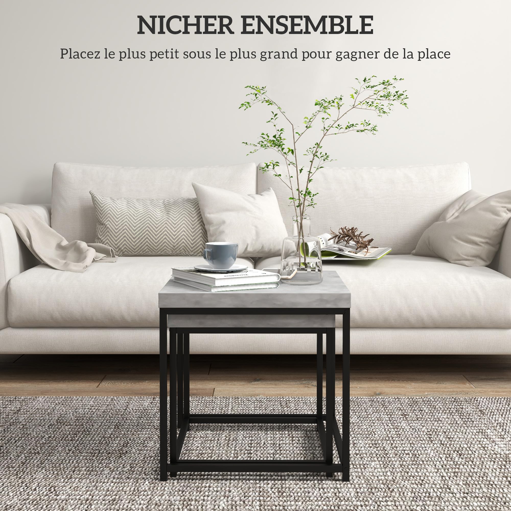 HOMCOM Lot de 2 Tables gigognes Tables Basses carrées Tables de Salon Cadre en Acier et Plateaux en Bois Gris