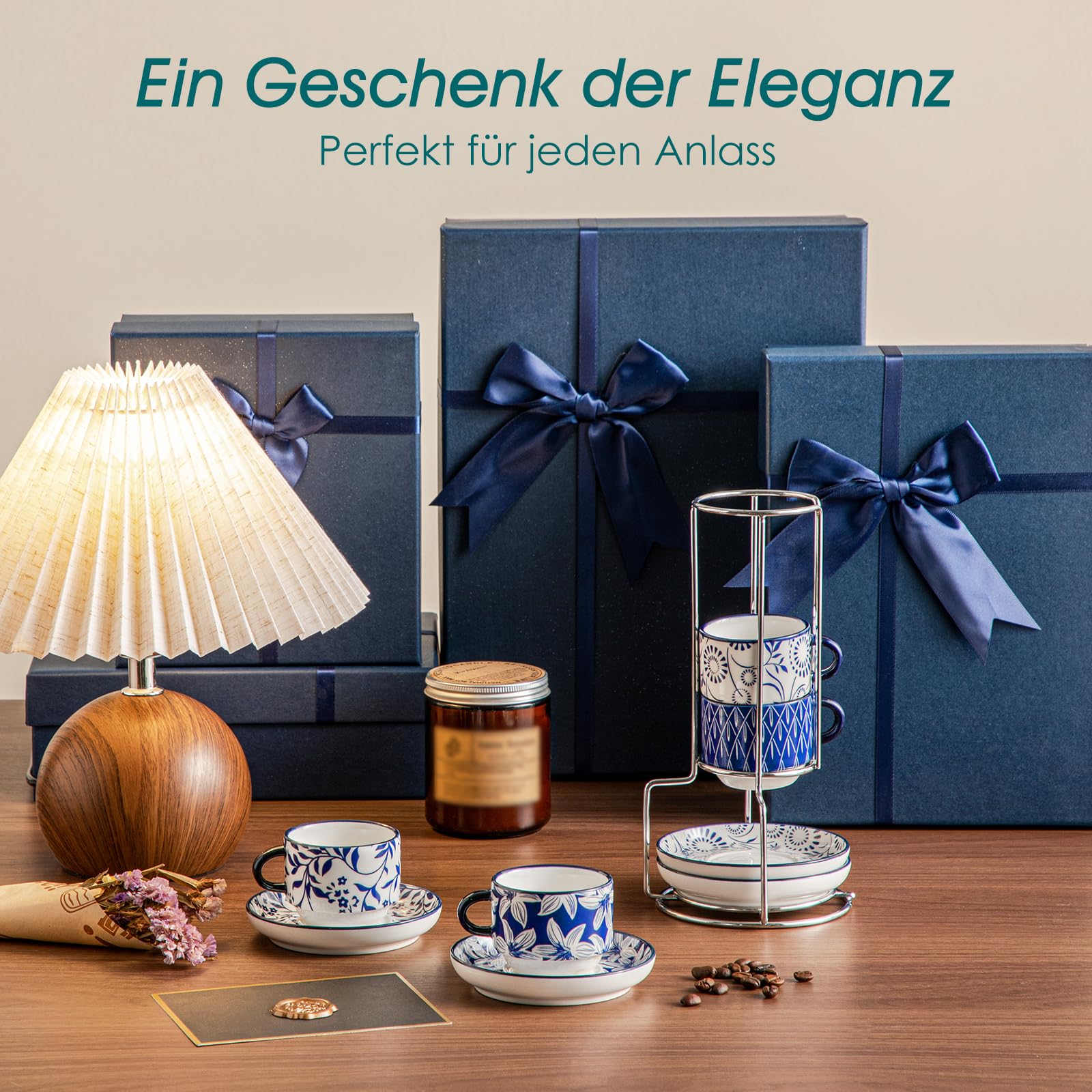 vancasso Espressotassen Set, SELENE Espresso Tassen Set mit Untertasse & Ständer, Stapelbar Dickwandig Kaffeetassen aus Porzellan für Cappuccino, Latte und Tee, Vintage blau-weiß (4 x 90 ml)