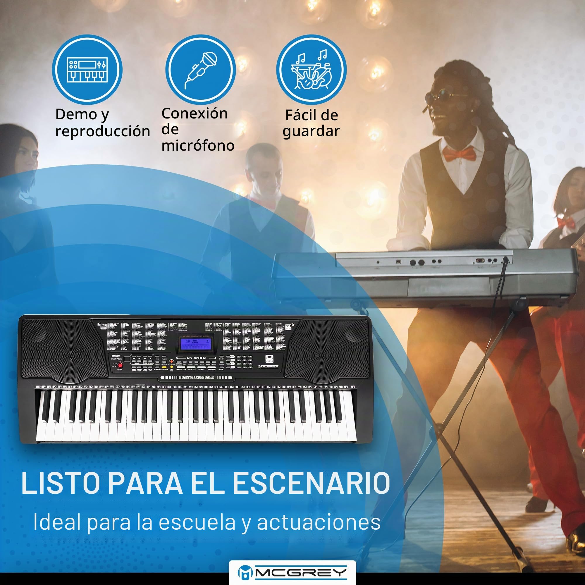 McGrey LK-6150 Teclado de 61 Teclas con Teclas Luminosas y Reproductor MP3 | Teclado para principiantes con 61 teclas luminosas, Pantalla LC, 255 sonidos, 255 ritmos, 61 sonidos de percusión, 5 mm)