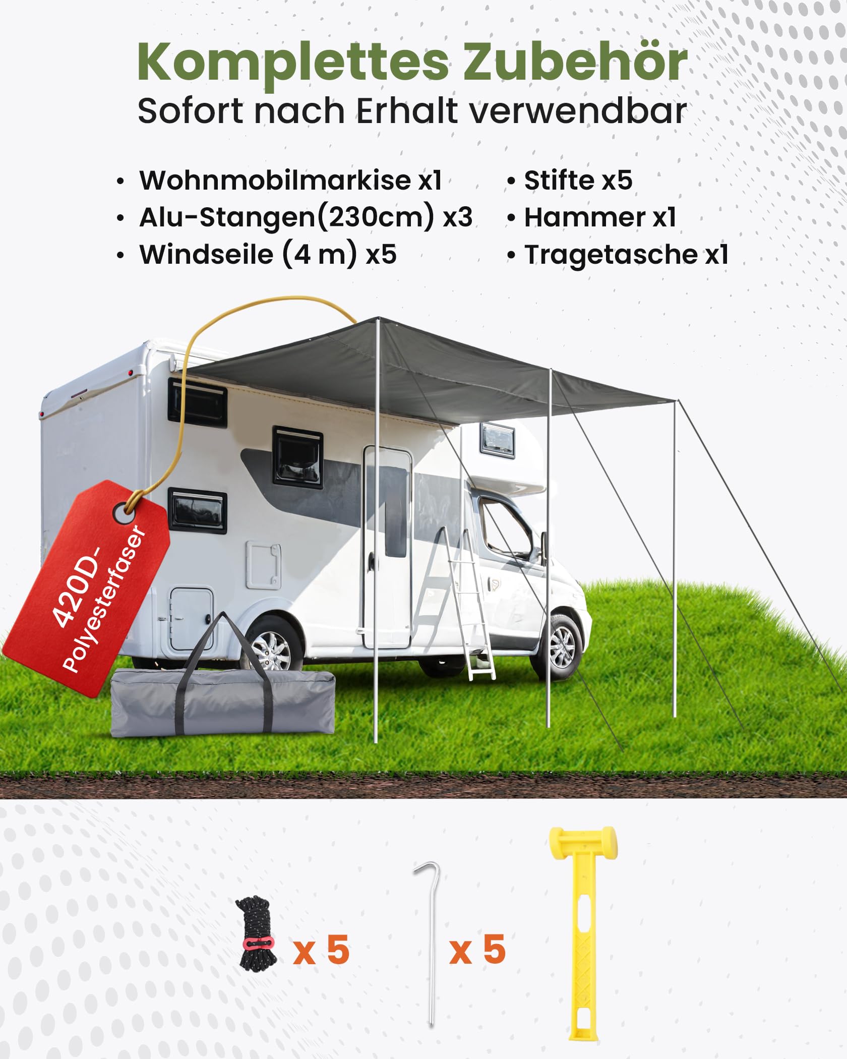 Sonnensegel Wohnwagen 300x240cm Vorzelt Markise für Wohnmobil mit 2 x Keder und 3 x Aluminiumstange, als 5000ml Wasserschutz und 50+ UV Sonnenschutz