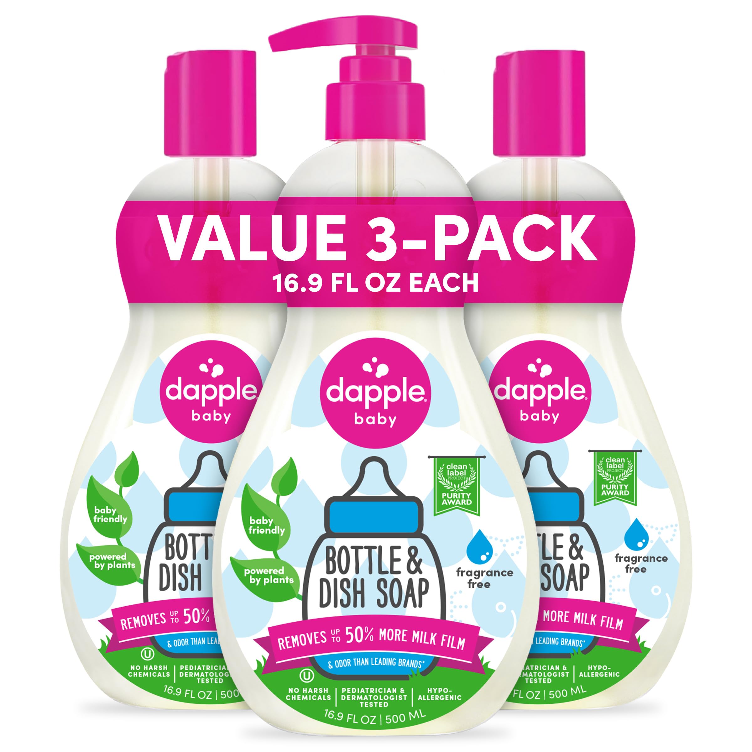 Dapple Baby - Fragrance Free Bottle &amp; Dish Soap - 16.9 fl oz (3 Pack)