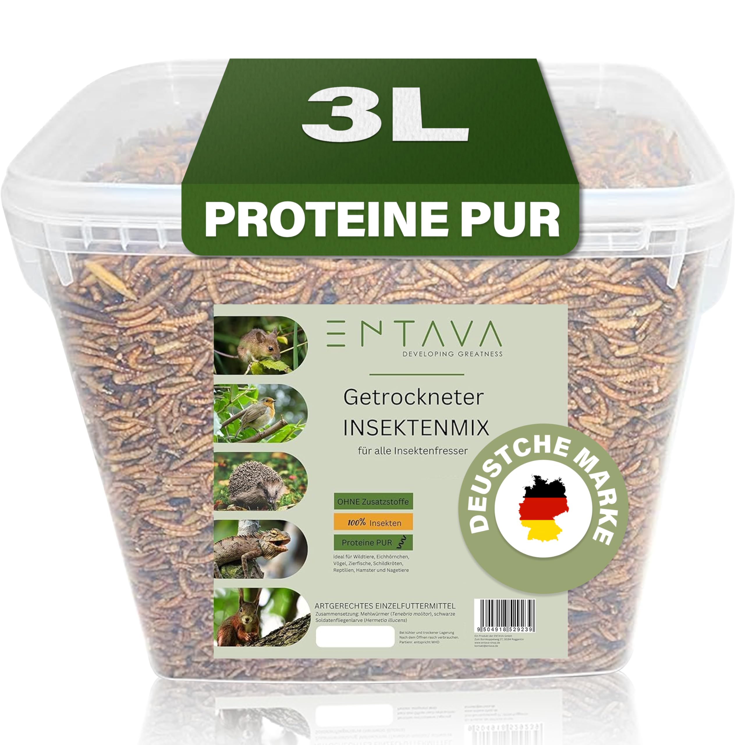 Entava Soldatenfliegenlarven & Mehlwürmer getrocknet (3L) - Getrocknete Insekten in Premium-Qualität, Insekten Snack für Vogelfutter, Koifutter, Igelfutter, Eichhörnchenfutter, Futter für Wildvögel