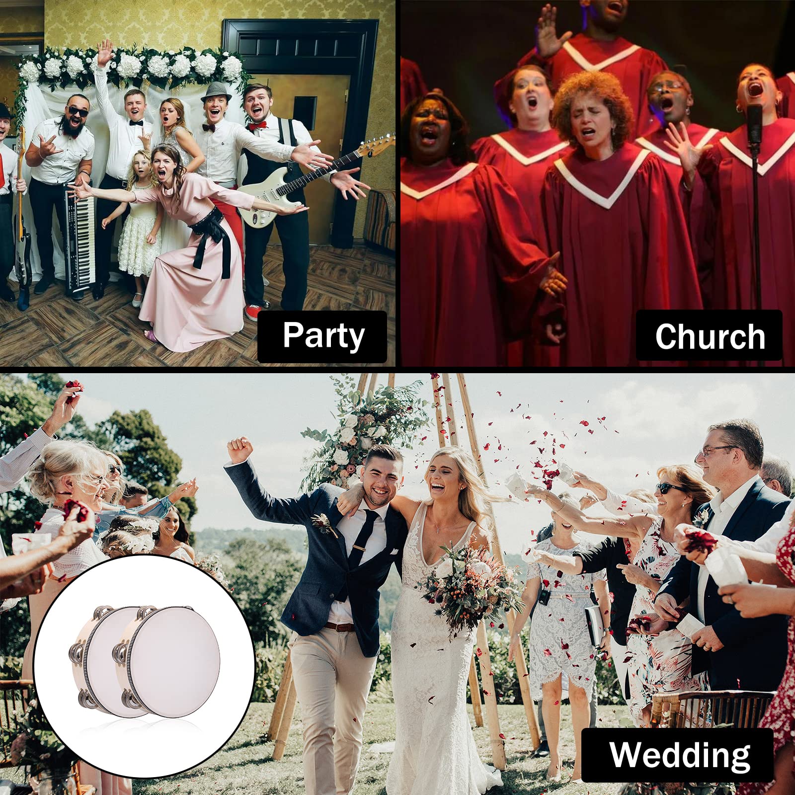 2 Stück 20,3 cm zweireihiges Tamburin für Erwachsene, Holz-Handtrommel, Tamburin mit Metallschellen, Percussion-Musikinstrumenten, Hand-Tamburin für Kirche, KTV, Party
