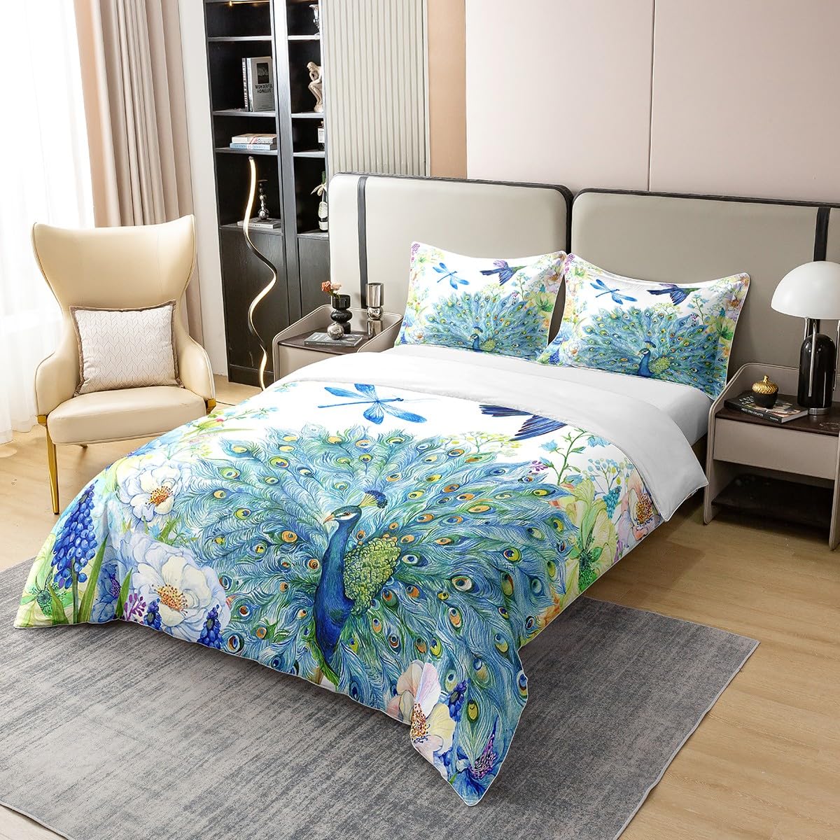 Peacock 100% Cotton Duvet Cover Set Double Hummingbird Dragonfly Comforter Cover Flower Birds Pattern Bedding Sets for Girls Women Navy Blue Floral Animals Fresh Nature Quilt Cover with 2 Pillow Cases - Image 2