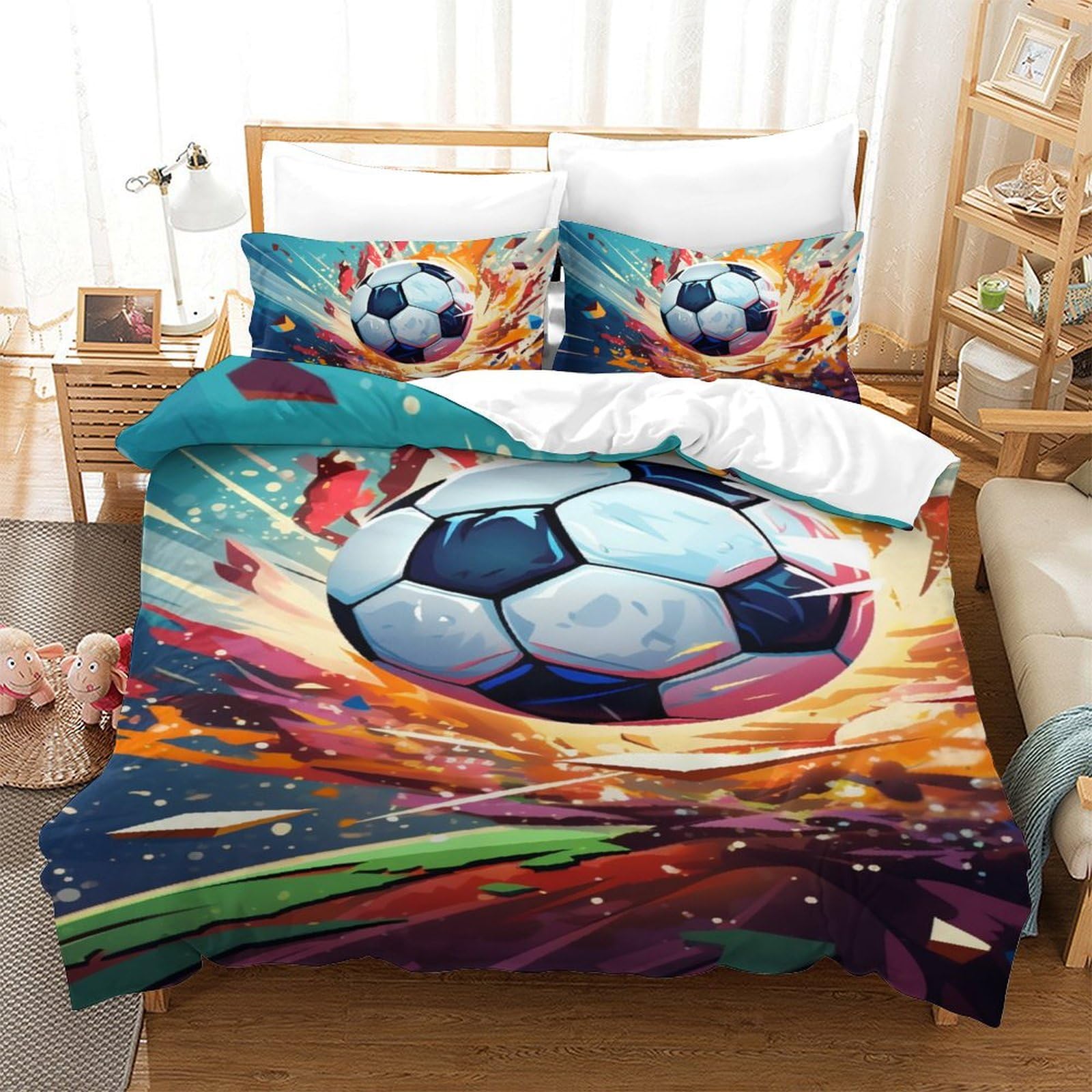 Housse de couette football 3D avec fermeture éclair invisible lit 1 place