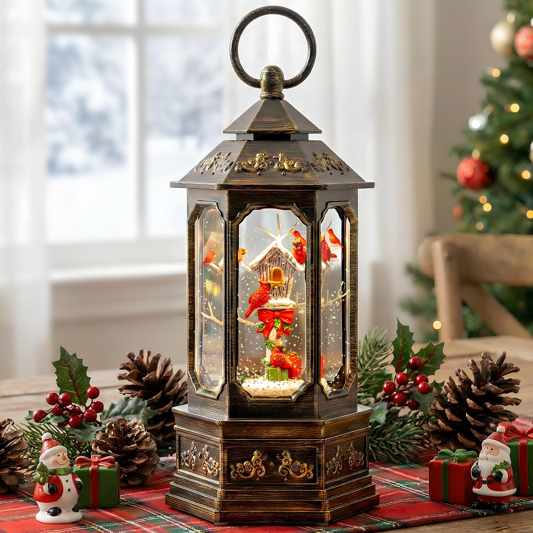 Musical Snow Globe Lantern Lighted Cardinal &amp; Birdhouse Christmas Snow Water Lantern Swirling Glittering Home Decoration and Gift, Battery Operated or USB Powered