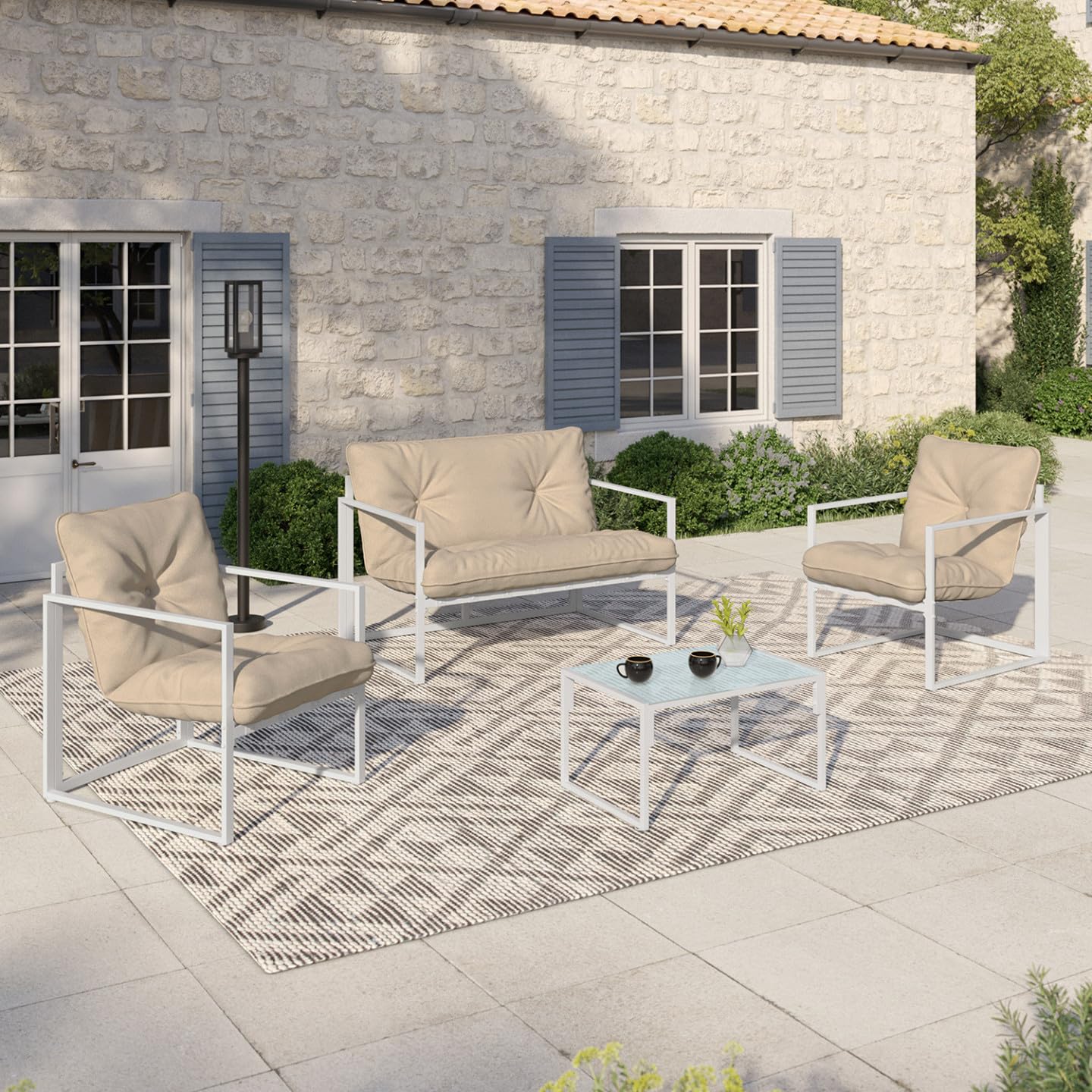 IDMarket - Salón de jardín bajo Nairobi 4 plazas de acero blanco y cojines beige