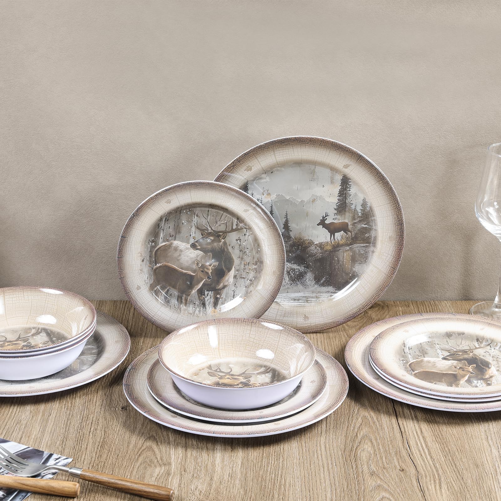 Melamin-Geschirr-Set für 4 Personen, Speiseteller, Schüsseln, 12-teilig, langlebig, BPA-frei, spülmaschinenfest, bruchsicher, splitterfest, für drinnen und draußen, Hirsch
