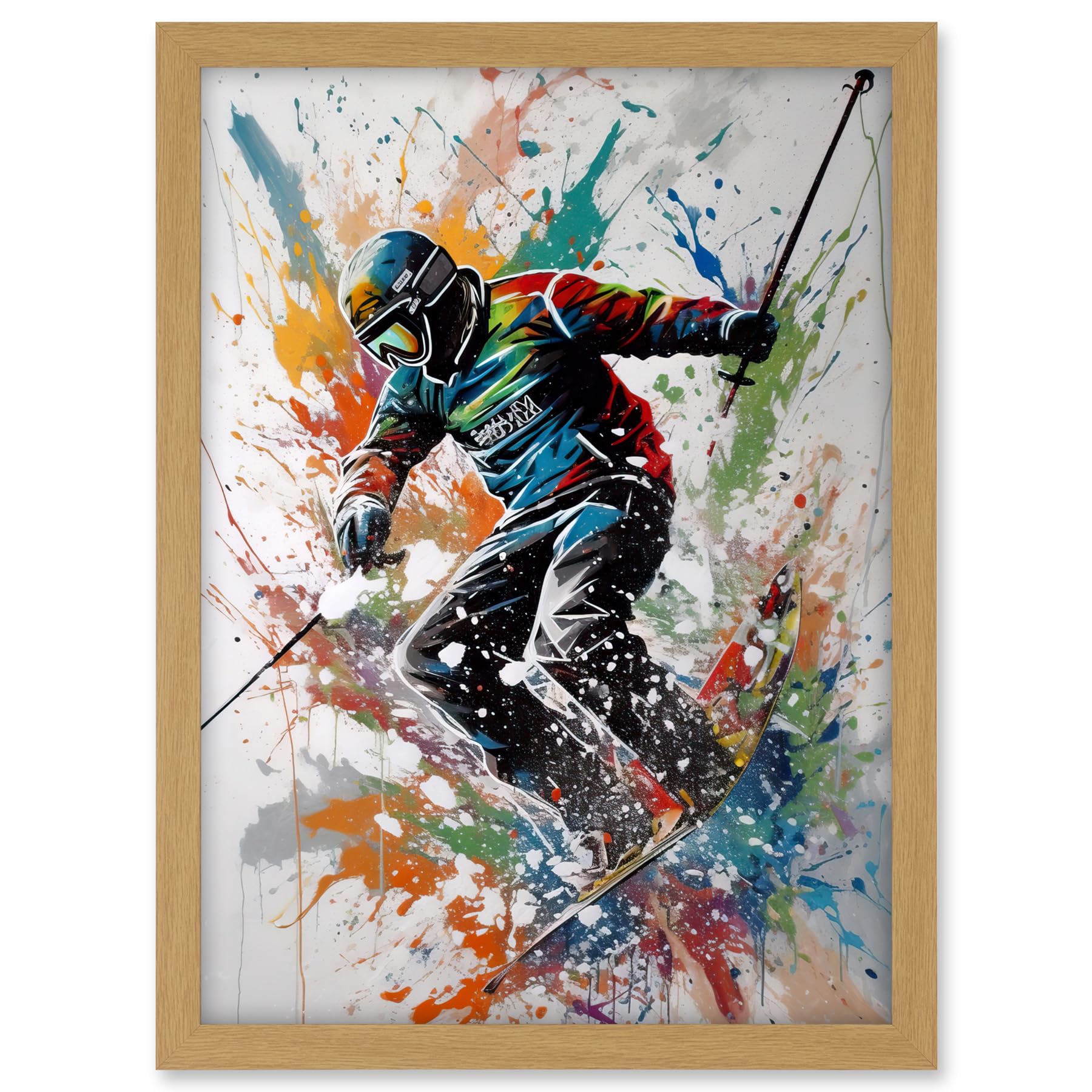 Artery8 Skier Skiing Multicoloured Paint Splat Action Shot Artwork Framed A3 Wall Art Print
