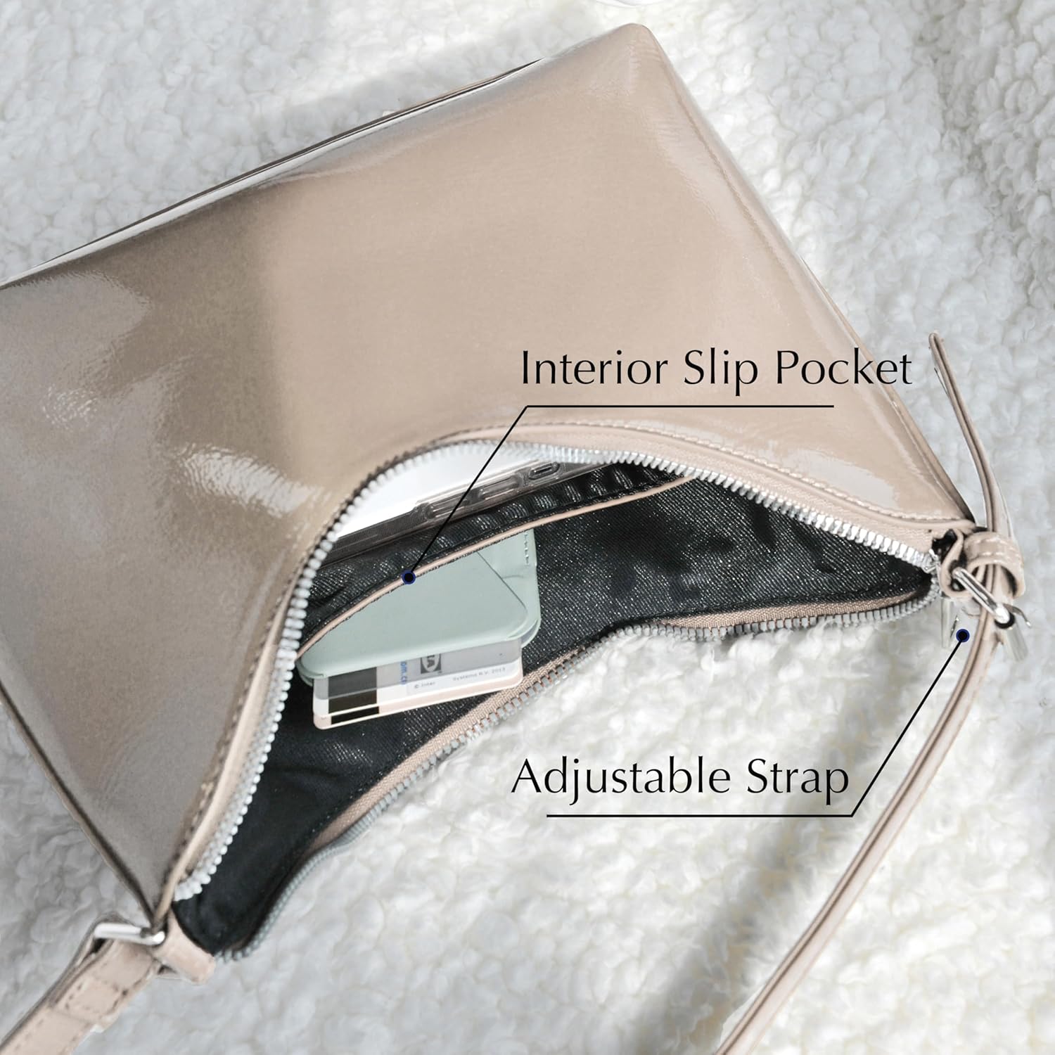 HOXIS Minimalist Faux Patent Leather Shoulder Bag Shiny Women Purse Y2K Style - Image 7