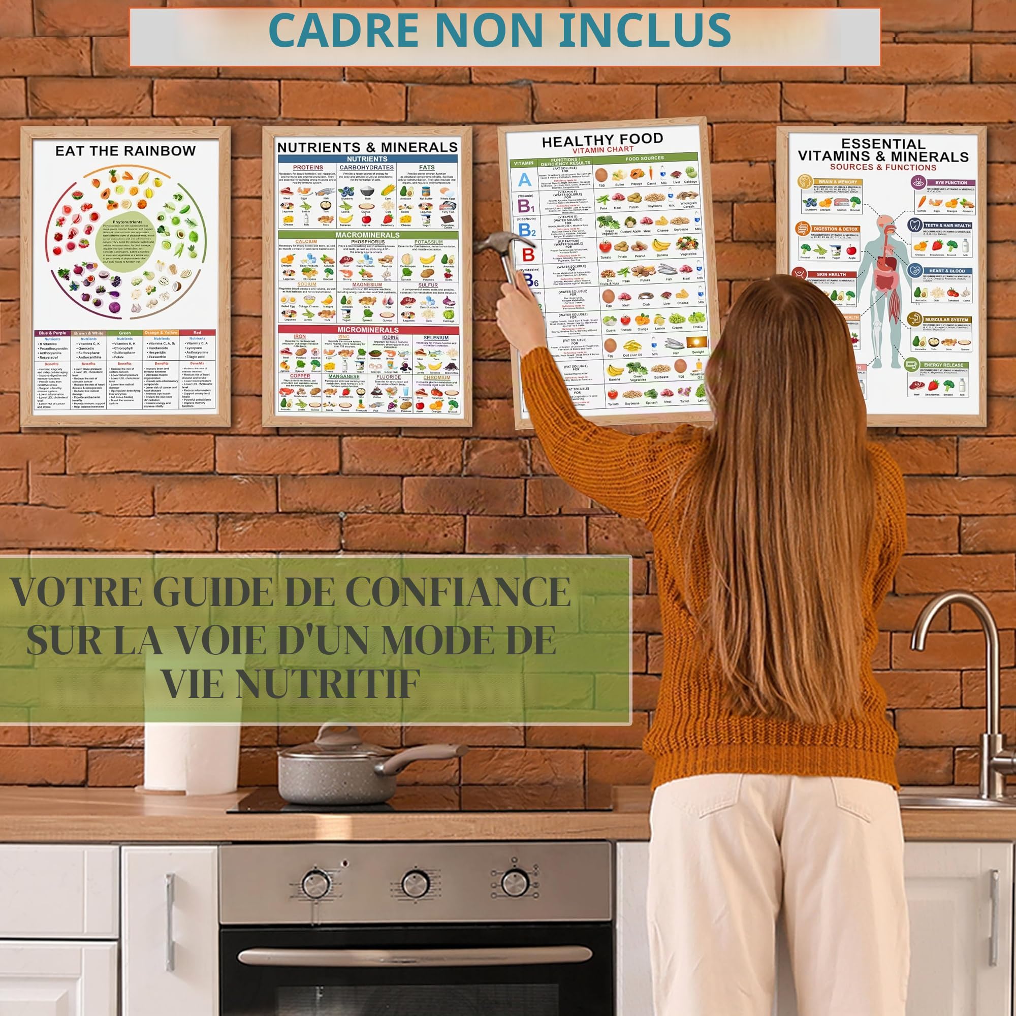 Lot de 4 tableaux de vitamines et minéraux de 27,9 x 43,2 cm – Tableau des aliments sains, affiche nutritive riche, protéines alimentaires, vitamines essentielles laminées pour salle de classe