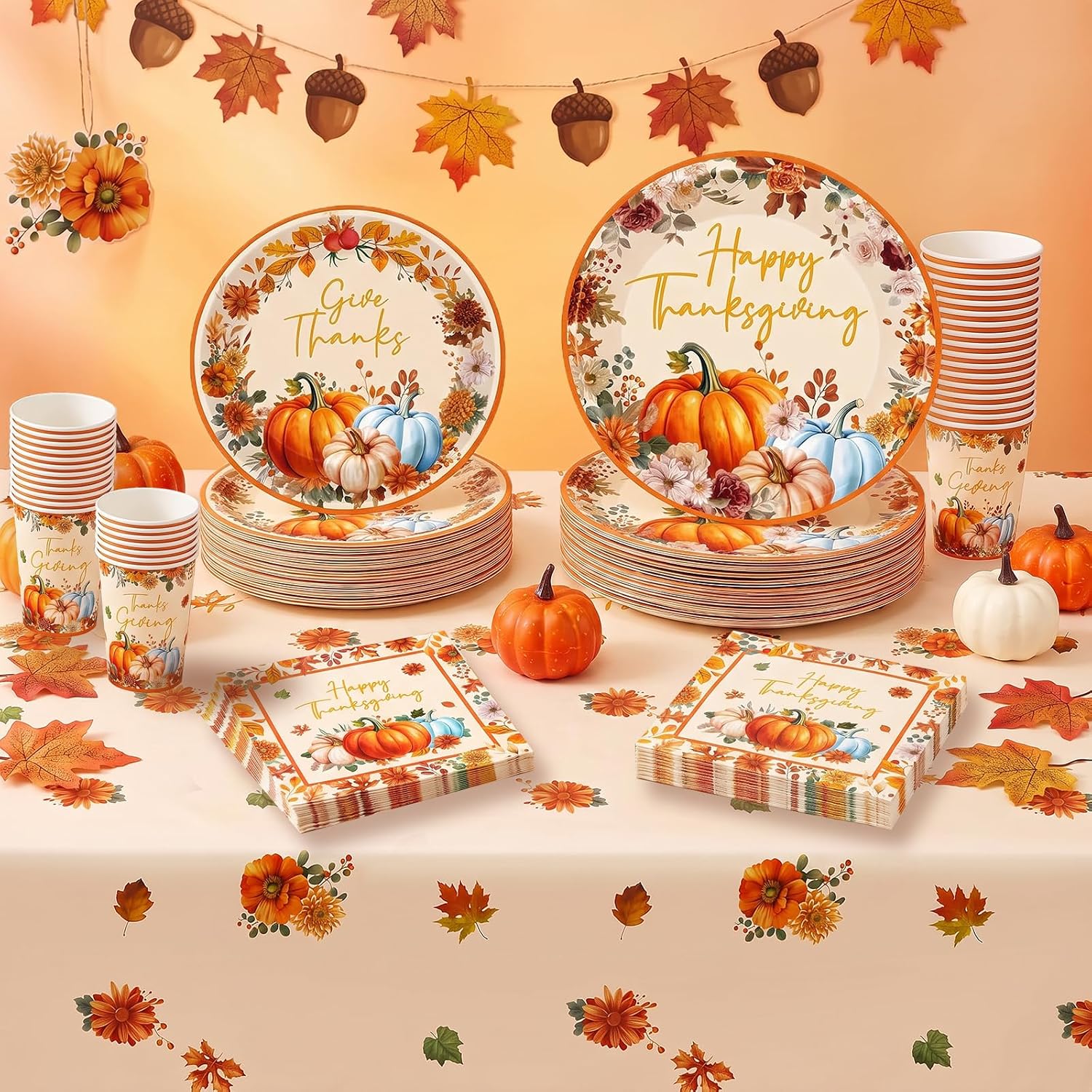 81 Pcs Thanksgiving Plates and Napkins, Watercolor Pumpkin Thanksgiving Paper Plates Napkins Cups Tablecloth Set, Disposable Give Thanks Tableware for Fall Thanks Giving Party Supplies Table Decor thumbnail