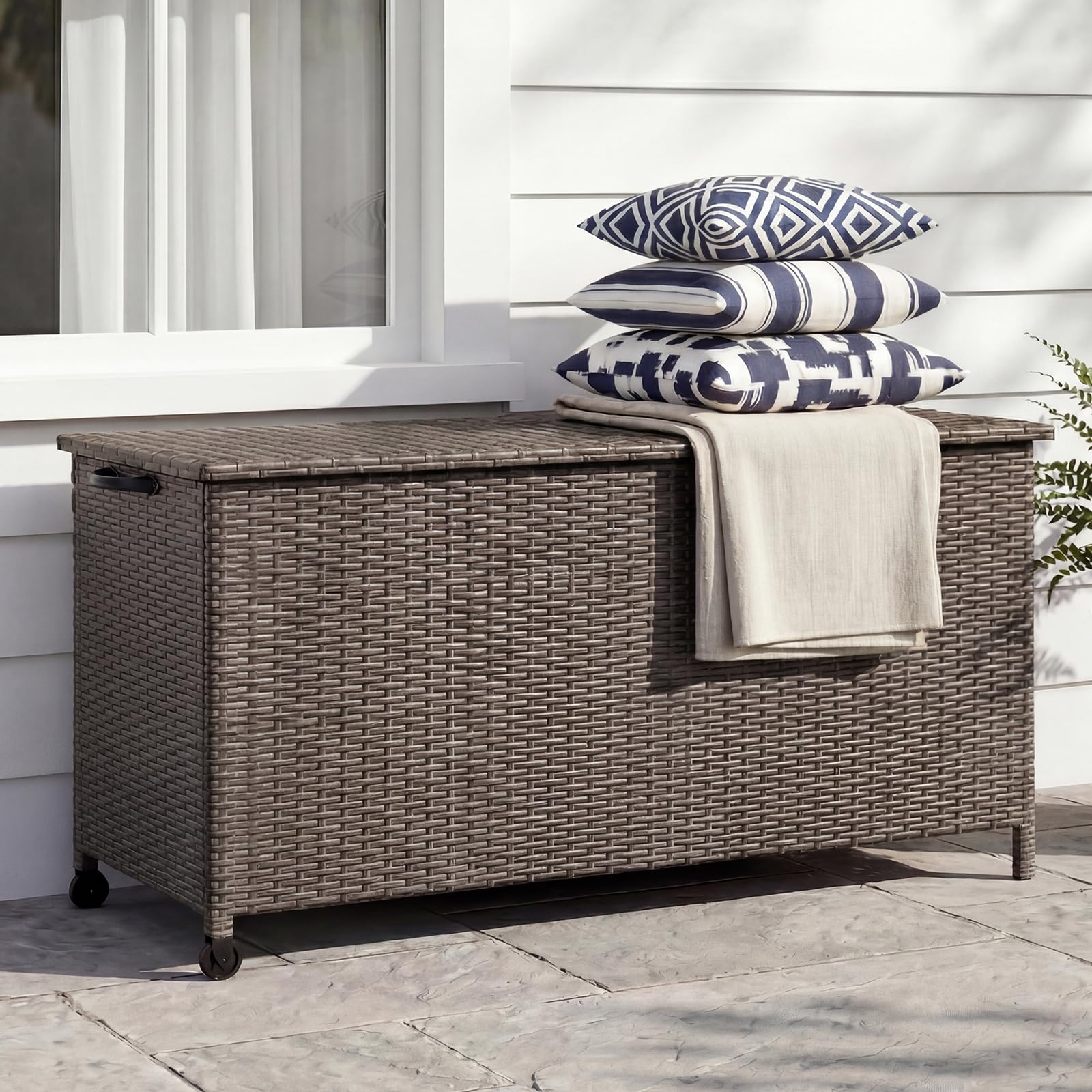 Grand patio Rattan Auflagenbox 480 Liter Gartenbox mit Deckel und Gasdruckfedern, UV-beständig Aufbewahrungskiste mit Zwei Radern, Leicht Bewegen, Kissenbox für Garten, Balkon