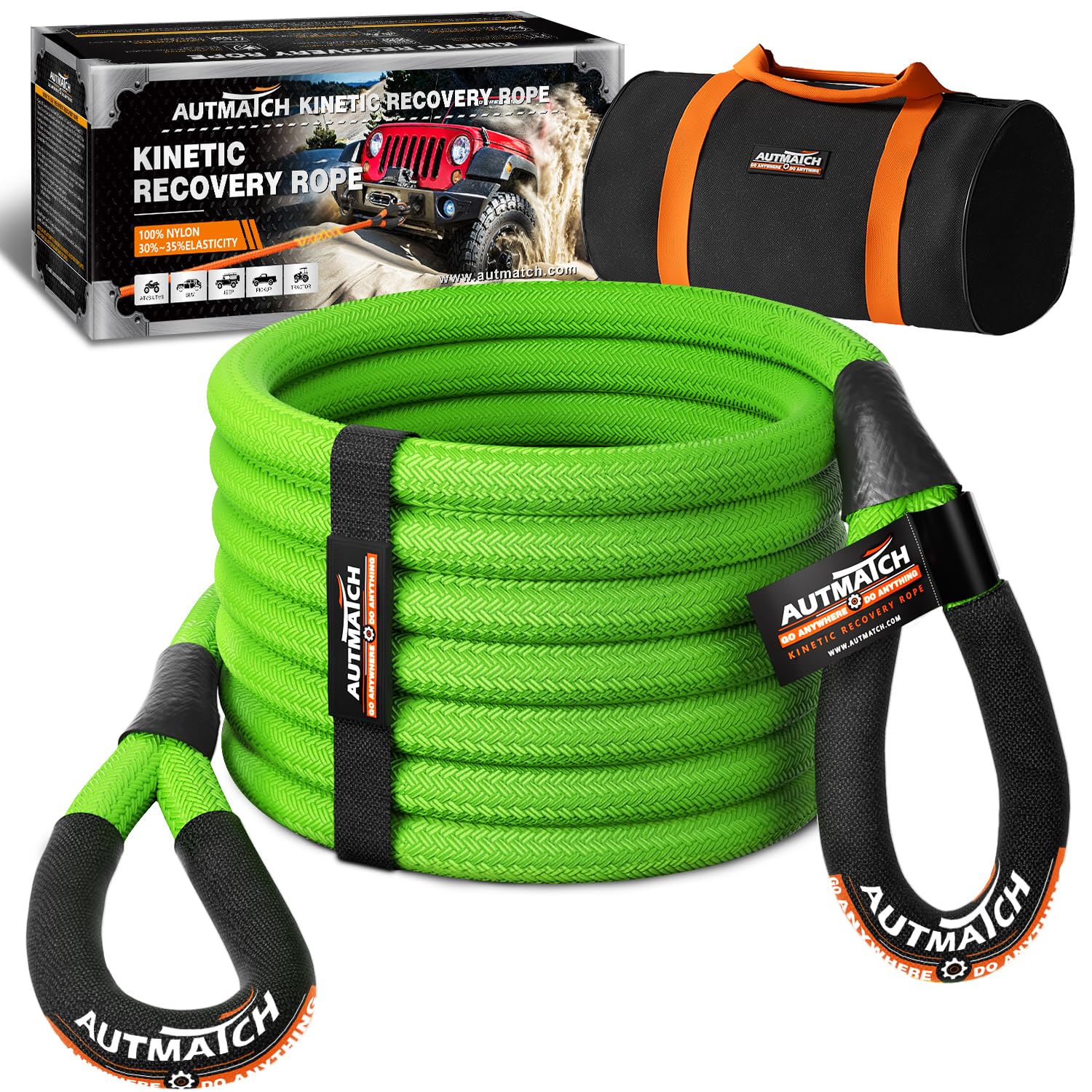 AUTMATCH Kinetic Recovery Abschleppseil, 2,5 cm x 6,1 m, robuster Offroad-Schnappgurt, 21,772 kg, 35 % Elastizität, Energierückgewinnungsseil für Geländewagen, LKW, Anhänger, ATV, UTV, Grün