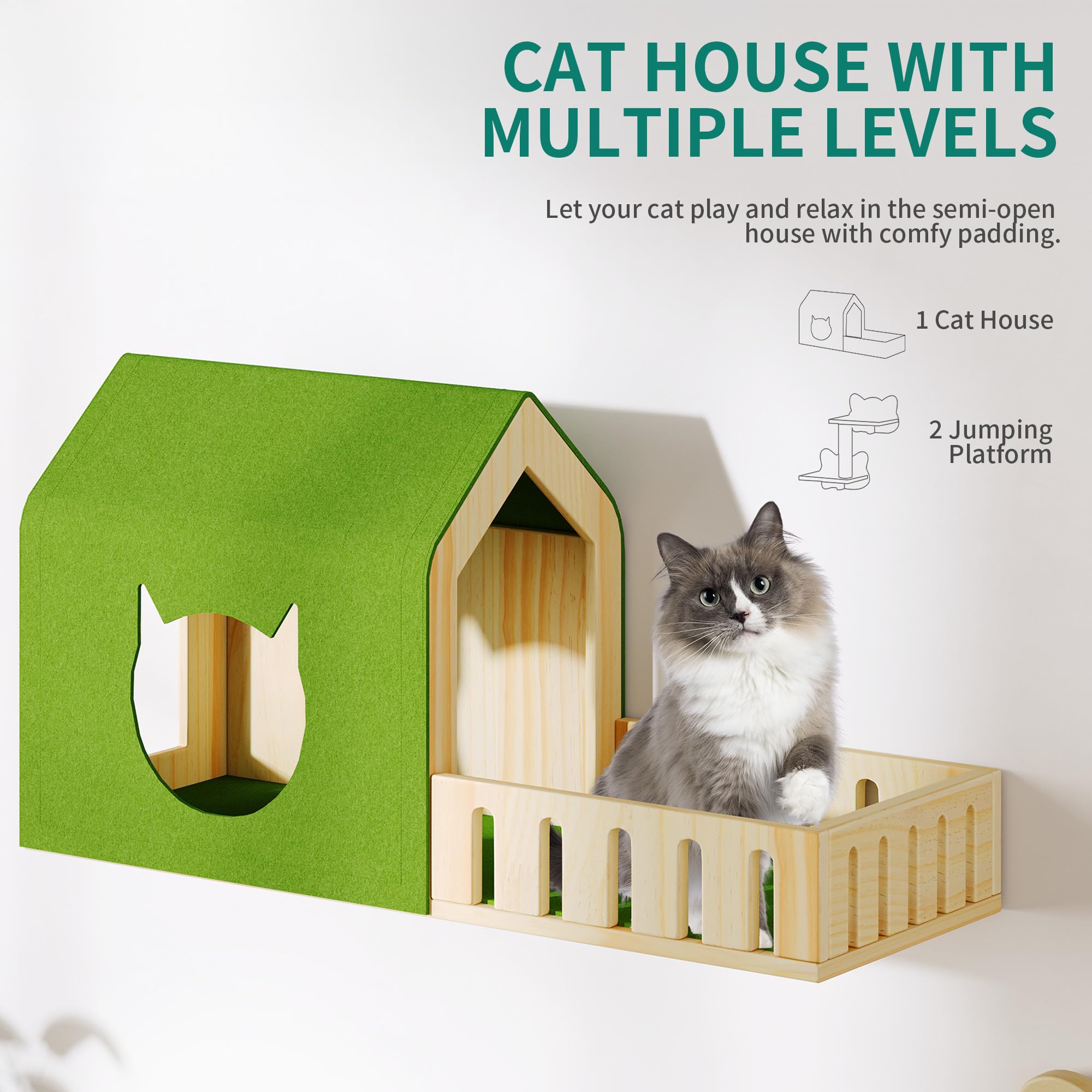 YITAHOME Set da parete per gatti in legno stabile, 5 pezzi, elementi da parete per gatti, con casetta per gatti, per dormire, giocare e riposare