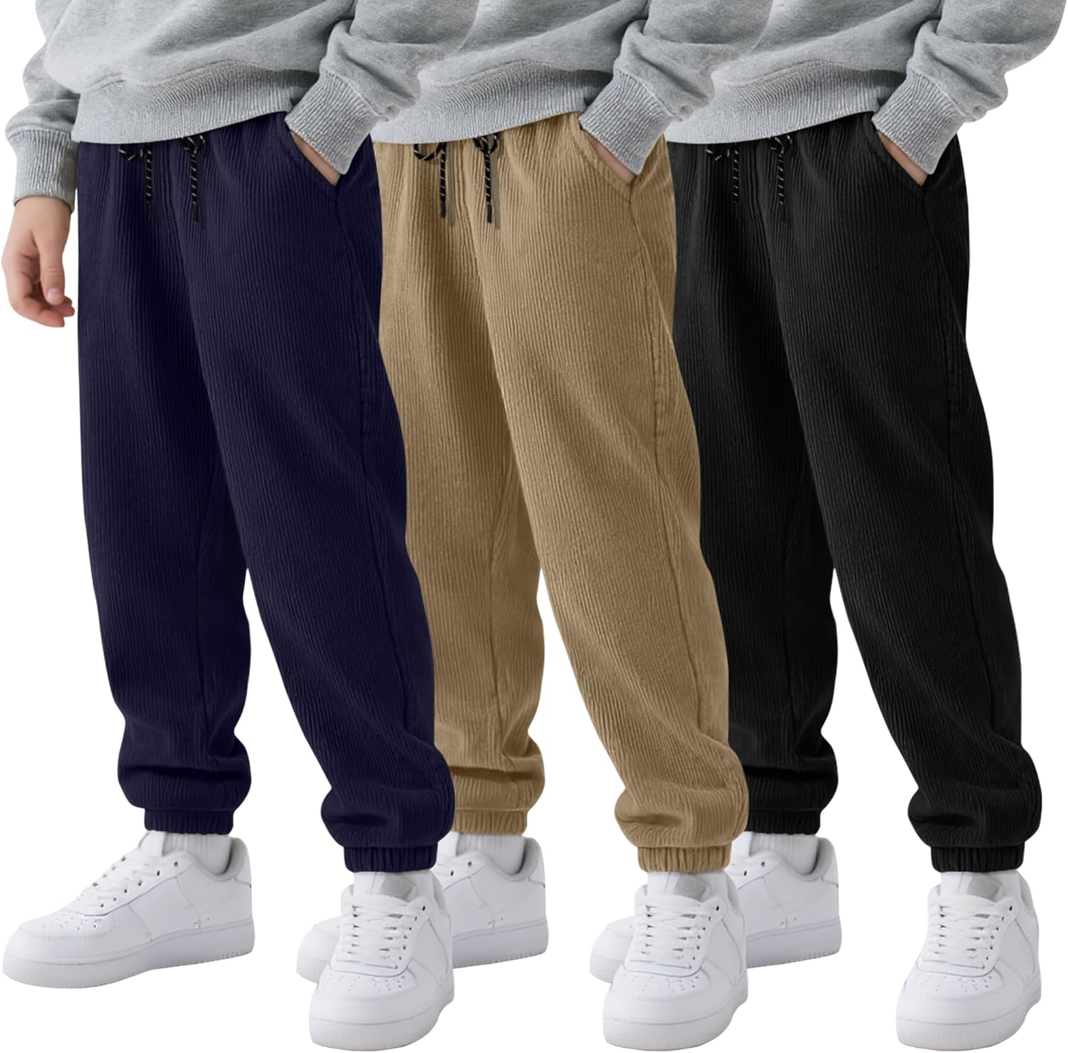 3 Pack Boys Joggers Kids Corduroy Sweatpants Casual Elastic Waist Drawstring Athlet...