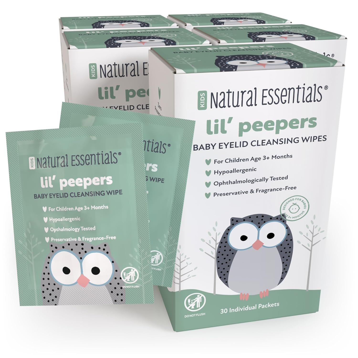 Natural Essentials Lil' Peepers Baby Eye Wipes and Eyelid Cleanser, Preservative-Free & Rinse-Free, Pediatrician Recommended Hypoallergenic Soft Eyelid Wipes for Babies, Kids & Adults, 30 Count (5pk)