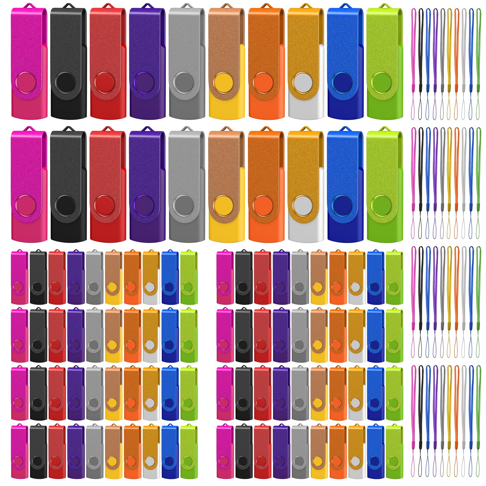 DAUZZOX 100 Stück Bunt USB Sticks High Speed USB 2.0 Flash Drive Rotate Speicherstick Memory Stick 360 Grad Flash Drive Rotate mit Plug-and-Play Backup, 100 Lanyards (10 Farben, 1 GB*100)