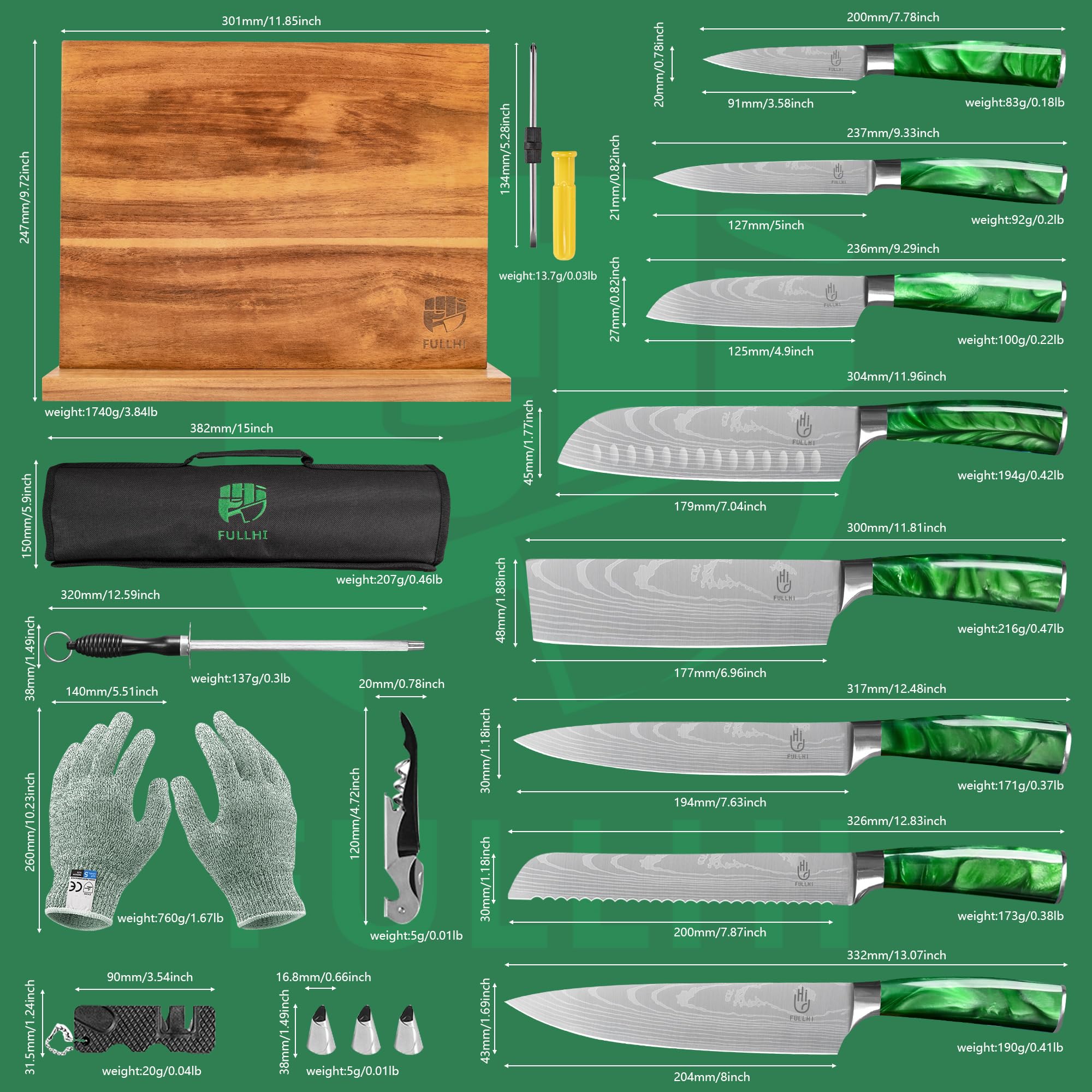 FULLHI Set di coltelli giapponesi da 15 pezzi con portacoltelli magnetico, lame in acciaio inox, manici ergonomici in resina verde per la cucina professionale e domestica