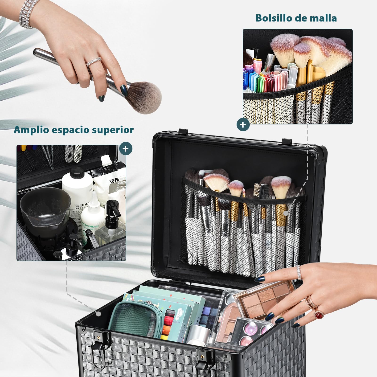 Maletín de Maquillaje con Ruedas, Maleta Profesional para Manicura y Peluquería con 3 Cajones y Sistema de Verrouillage, Negro