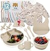 Baby Silicone Tableware Set 12 Pieces with Suction Cup Bowl Cup Cutlery Waterproof Bib and Fruit Teat BPA Free Microwave and Dishwasher Safe